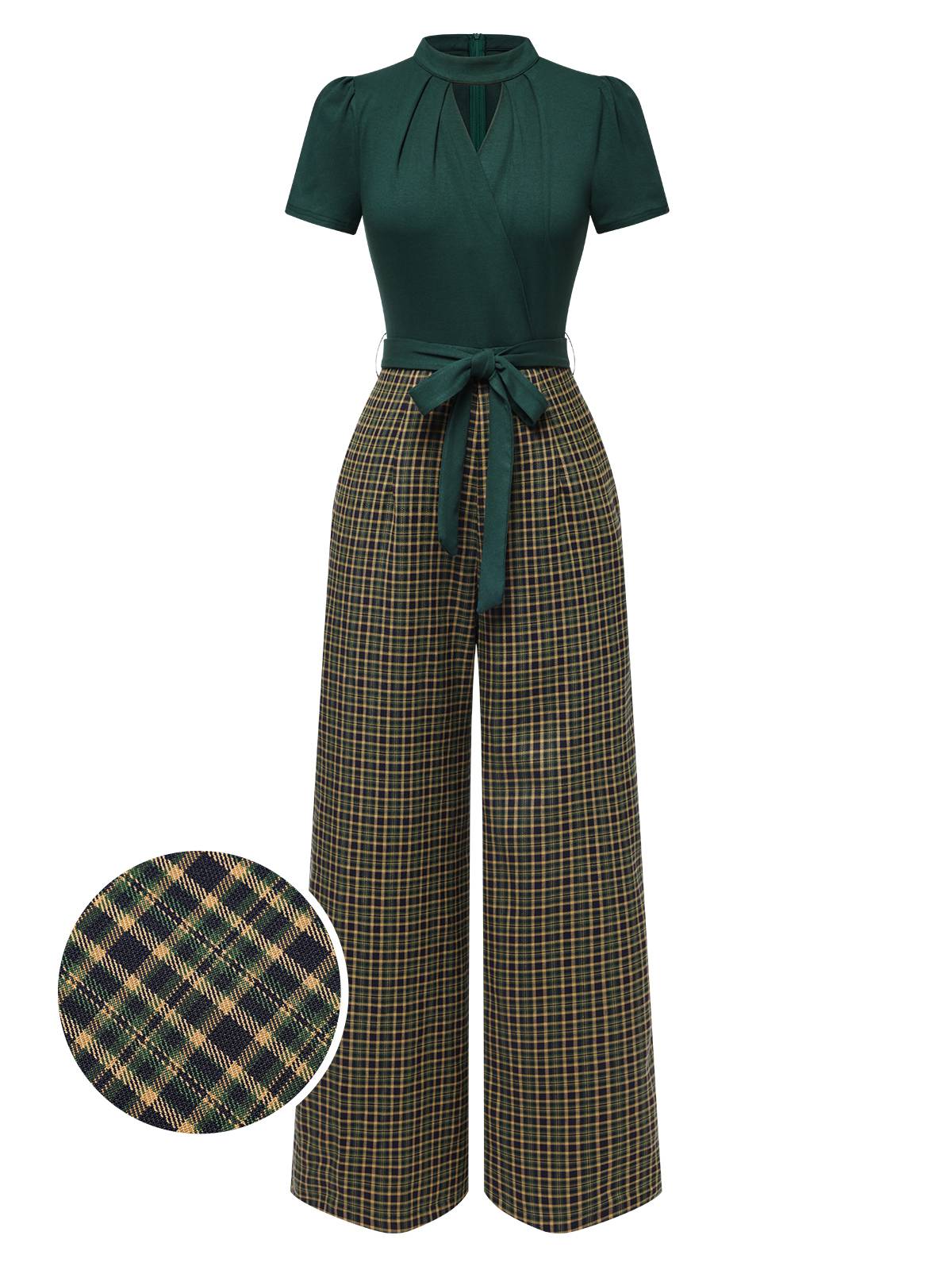 Green 1930s Plaid Keyhole Neck Belted Jumpsuit - Image 3