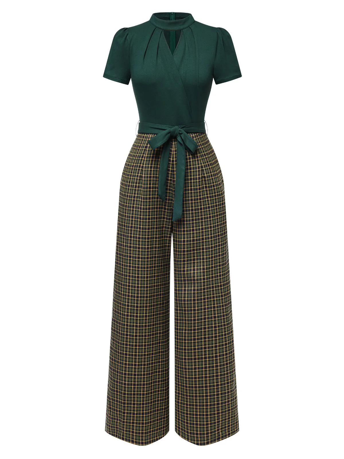 Green 1930s Plaid Keyhole Neck Belted Jumpsuit - Image 4