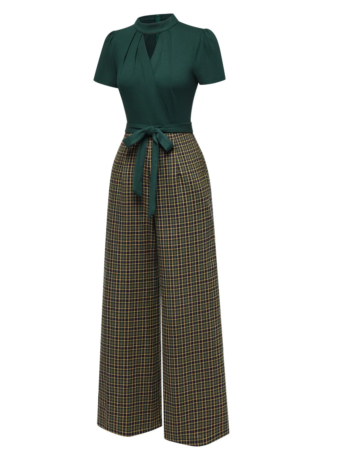 Green 1930s Plaid Keyhole Neck Belted Jumpsuit - Image 5