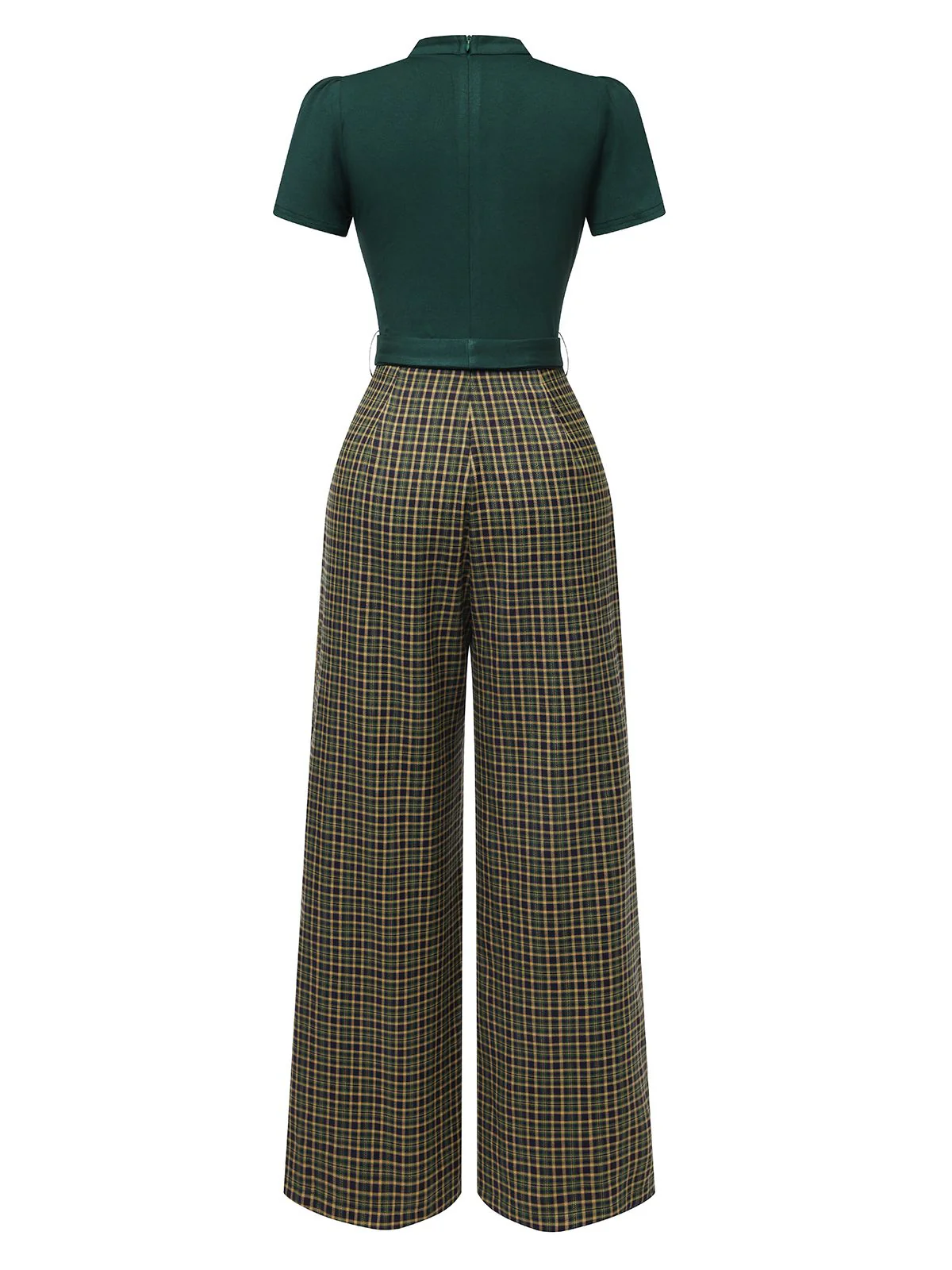 Green 1930s Plaid Keyhole Neck Belted Jumpsuit - Image 6