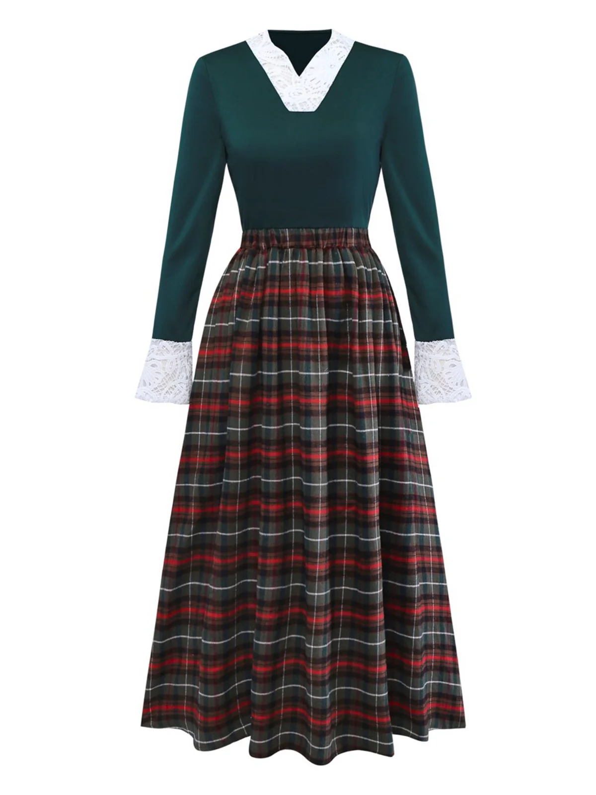 Green 1930s Plaid Lace Patchwork V-Neck Dress - Image 2