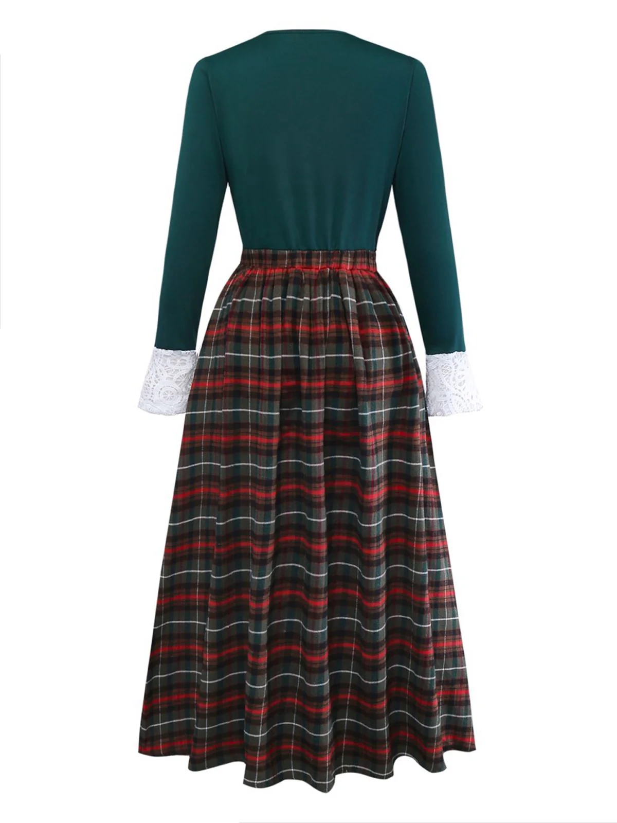Green 1930s Plaid Lace Patchwork V-Neck Dress - Image 3