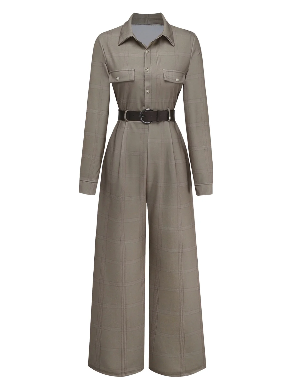 Green 1930s Plaid Lapel Belted Jumpsuit - Image 2