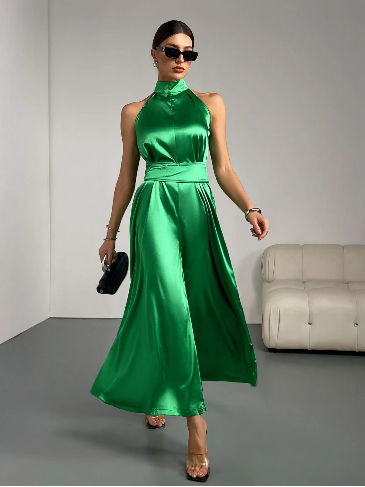 Green 1930s Satin Stand Collar Wideleg Jumpsuit - Image 2