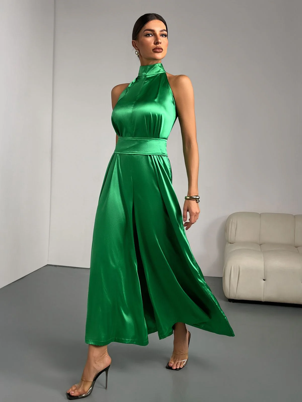 Green 1930s Satin Stand Collar Wideleg Jumpsuit - Image 3
