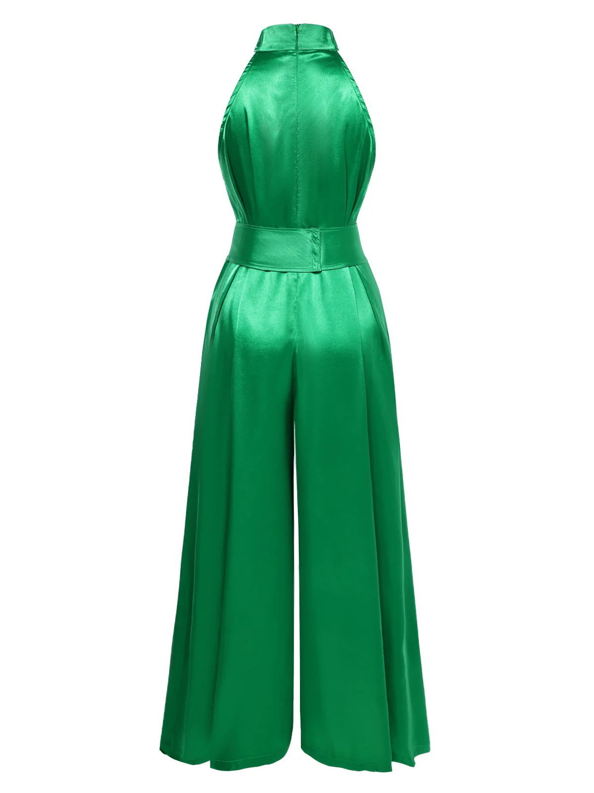 Green 1930s Satin Stand Collar Wideleg Jumpsuit - Image 4