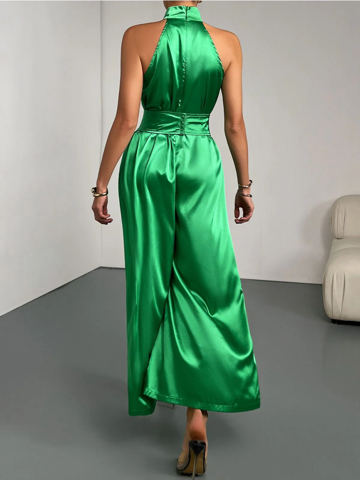 Green 1930s Satin Stand Collar Wideleg Jumpsuit - Image 5