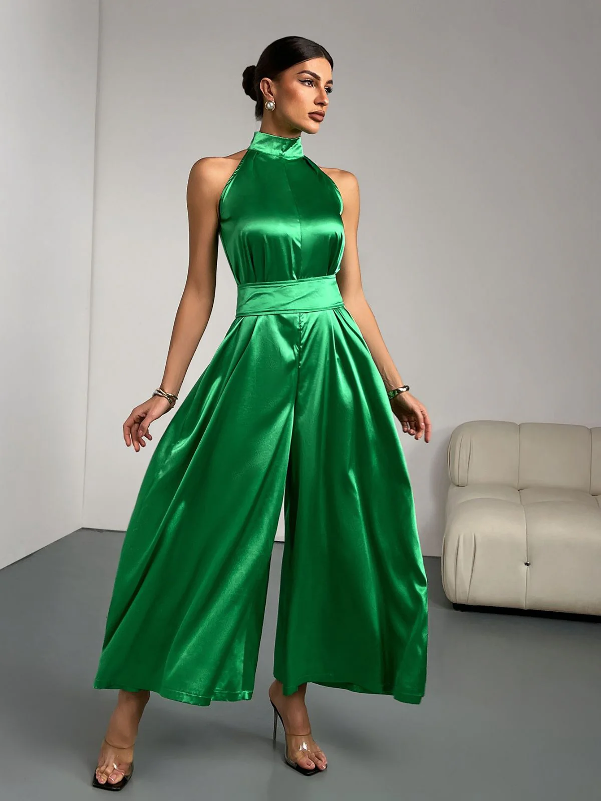 Green 1930s Satin Stand Collar Wideleg Jumpsuit - Image 6