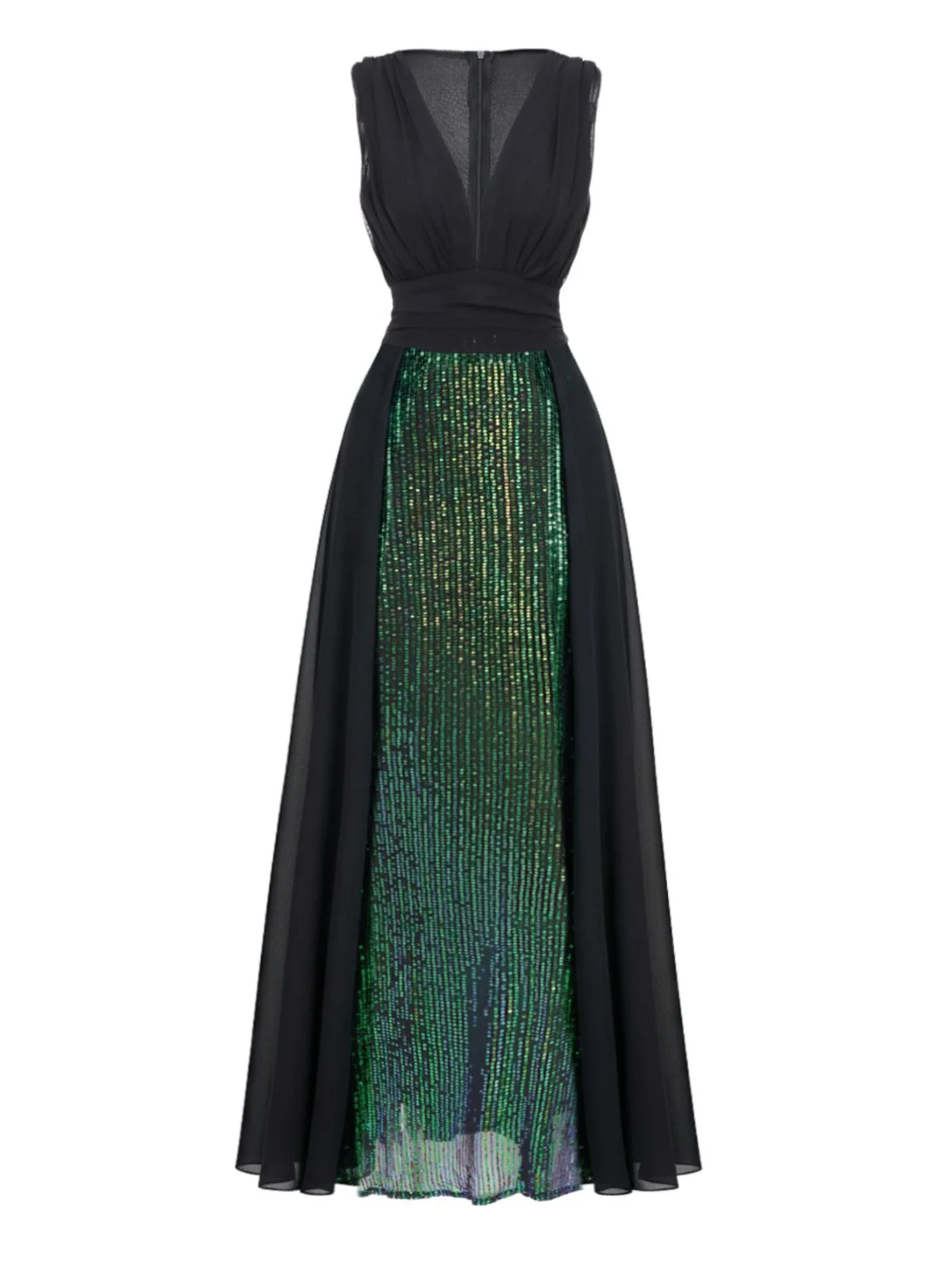 Green 1930s Sequin Deep V Tulle Sleeveless Dress - Image 2