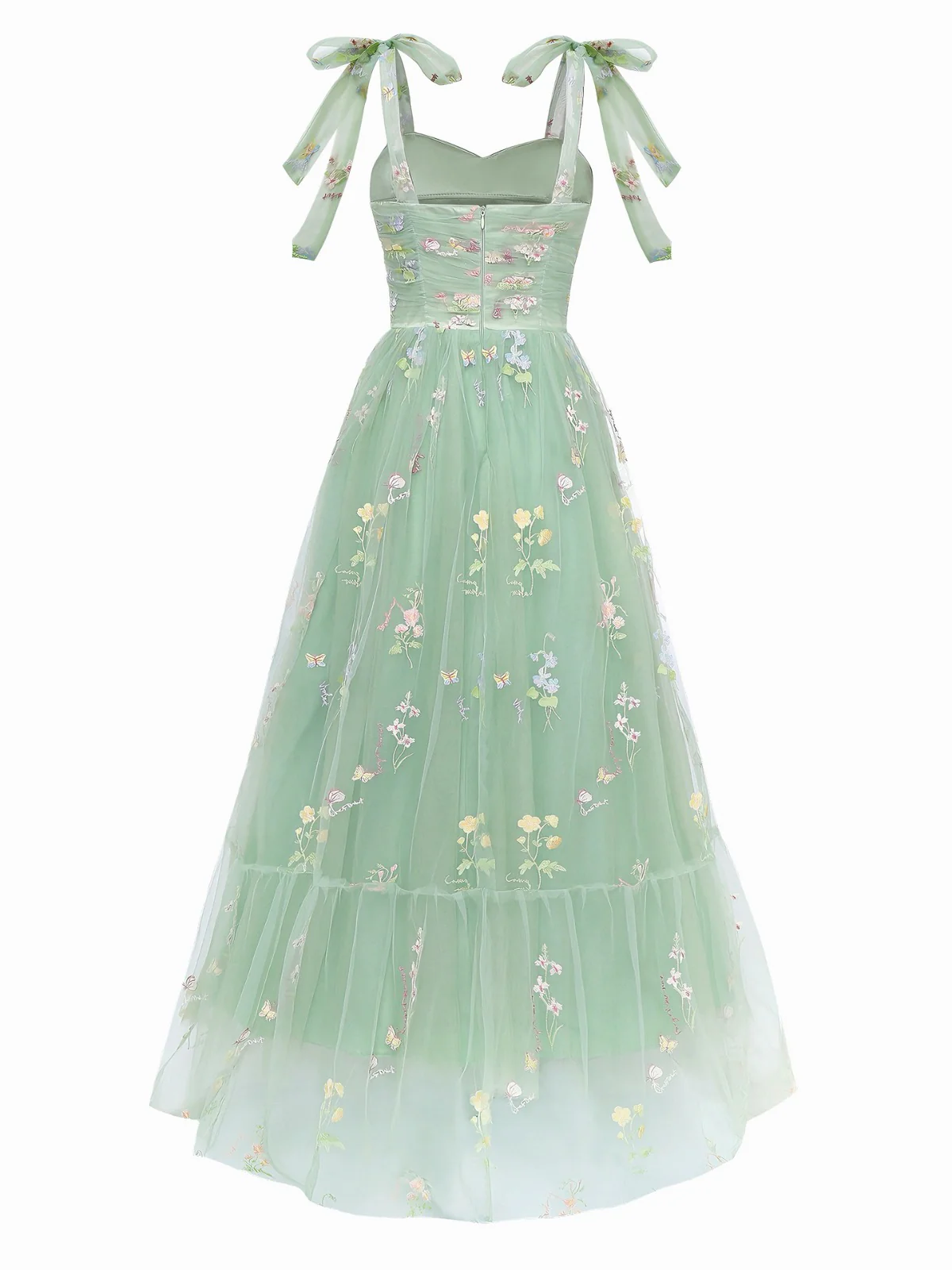 Green 1930s Shoulder Tie Embroidered Floral Mesh Dress - Image 2