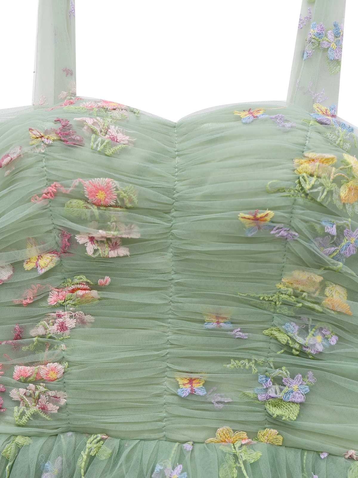 Green 1930s Shoulder Tie Embroidered Floral Mesh Dress - Image 4