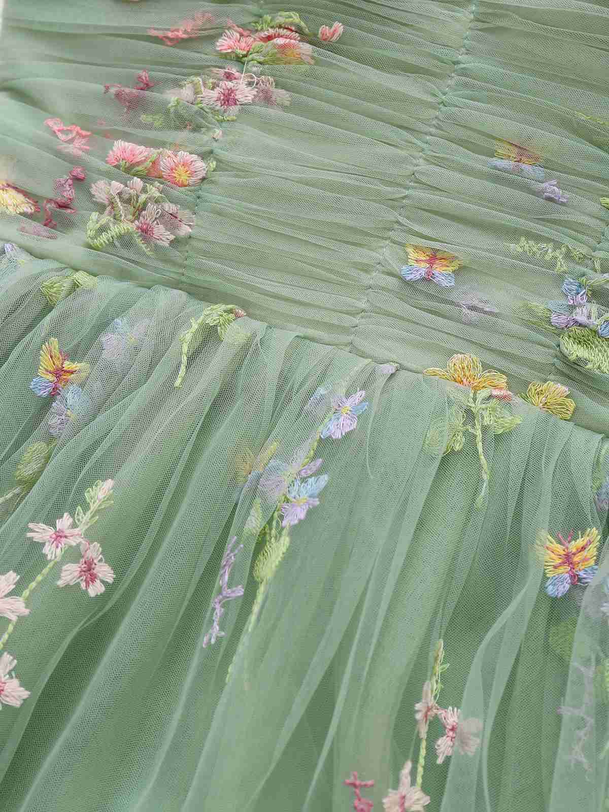 Green 1930s Shoulder Tie Embroidered Floral Mesh Dress - Image 5