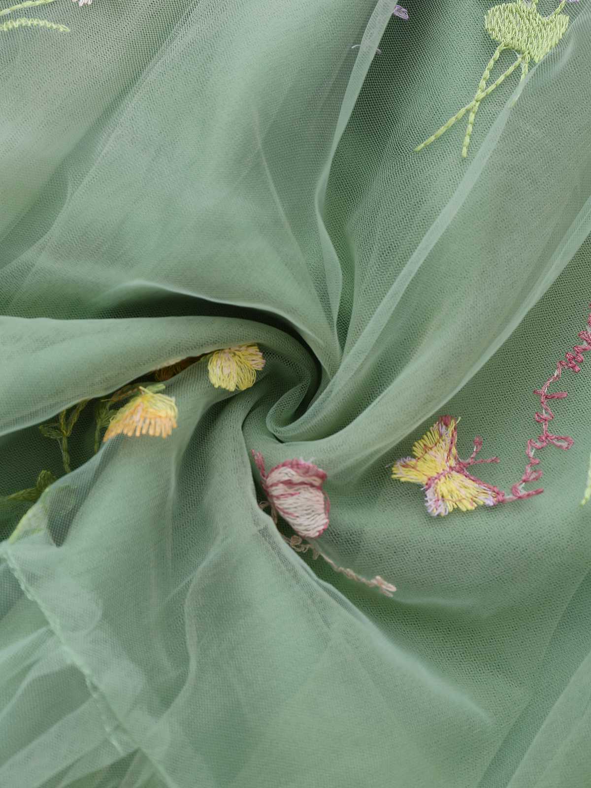 Green 1930s Shoulder Tie Embroidered Floral Mesh Dress - Image 6