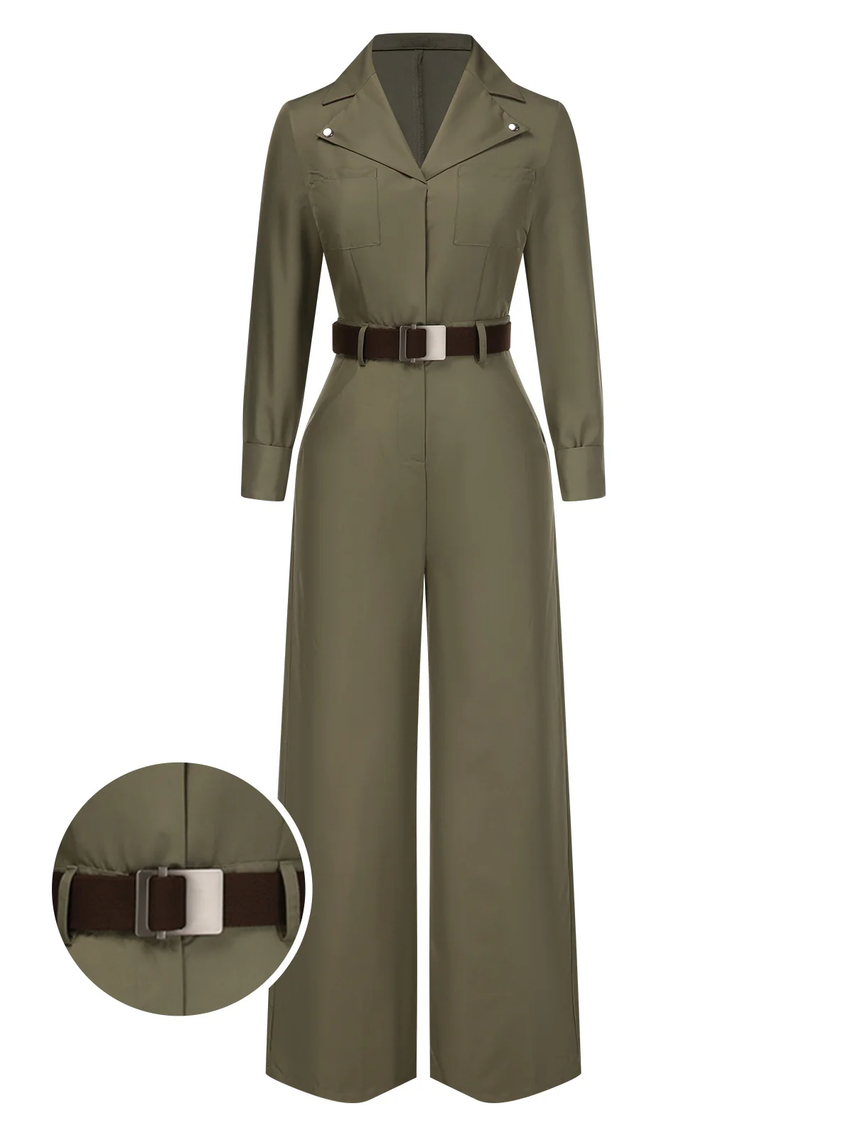 Green 1930s Solid Lapel Belted Jumpsuit - Image 2