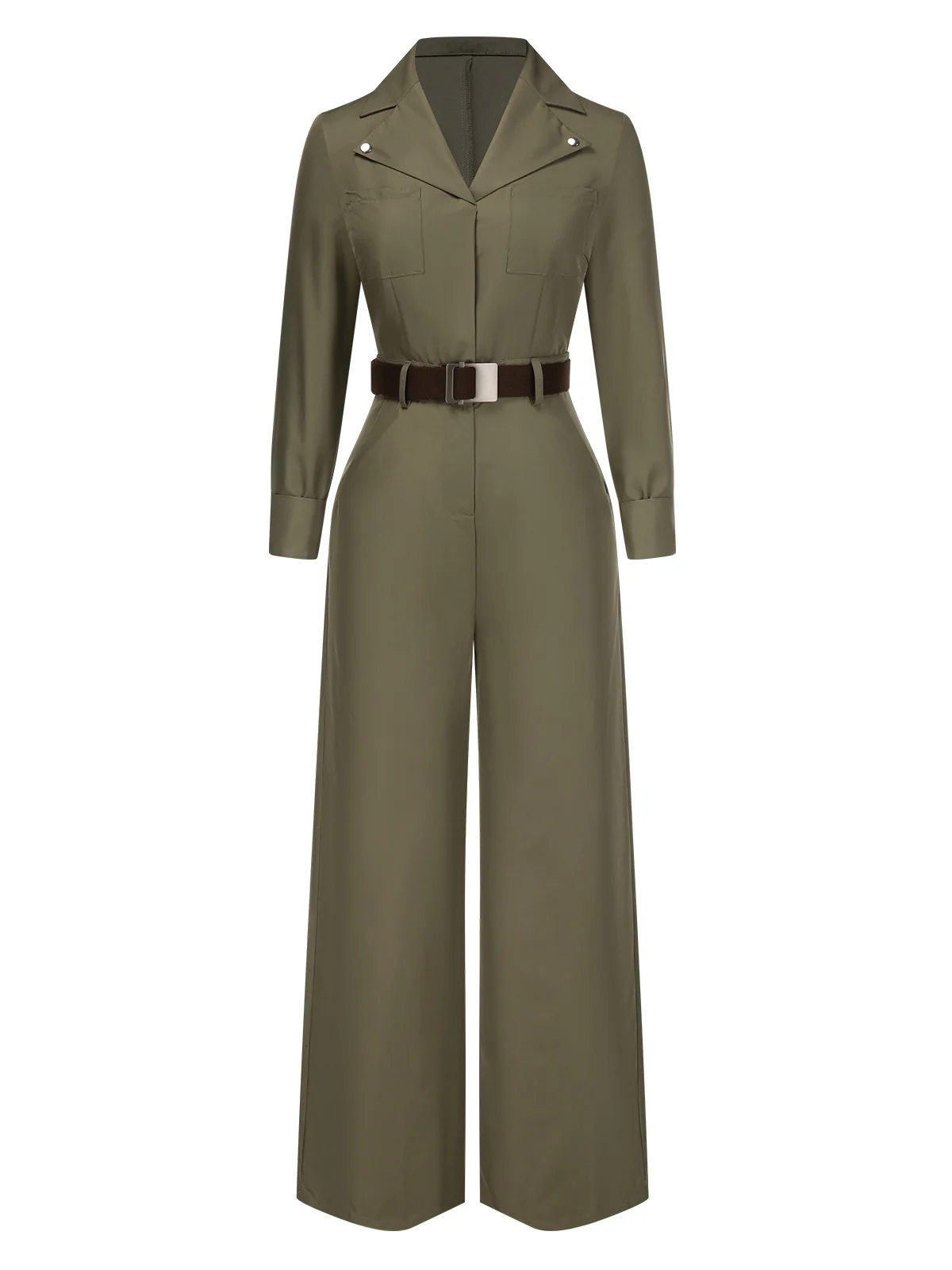 Green 1930s Solid Lapel Belted Jumpsuit - Image 3