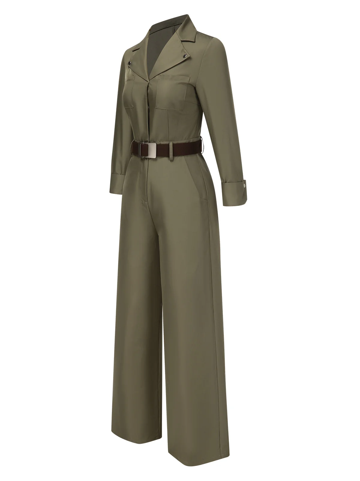 Green 1930s Solid Lapel Belted Jumpsuit - Image 5