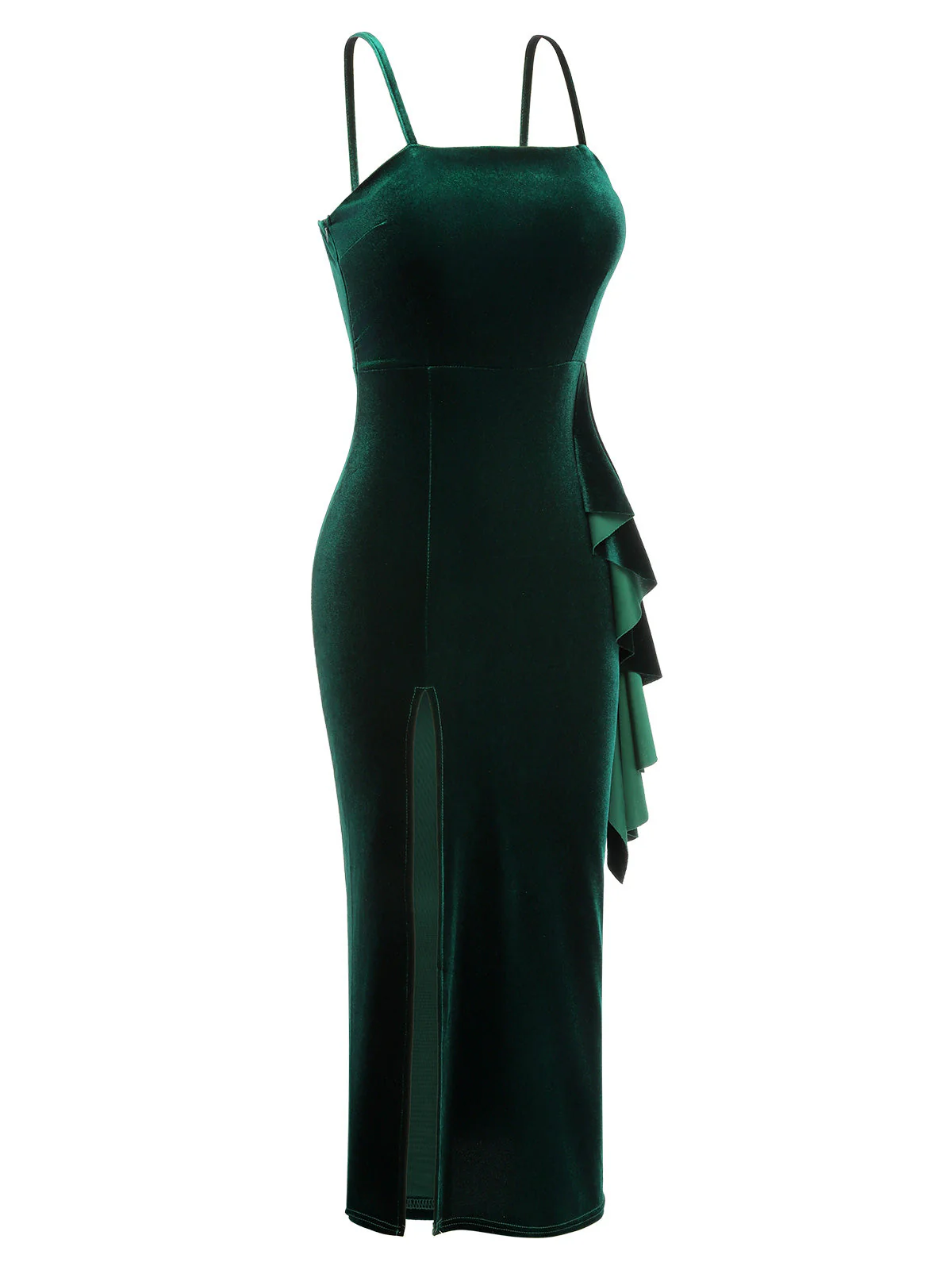 Green 1930s Spaghetti Strap Velvet Slit Dress - Image 2