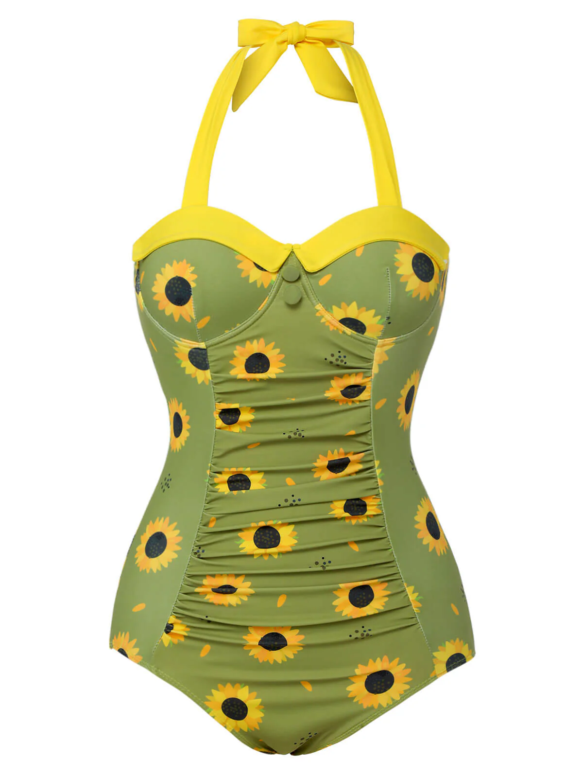Green 1930s Sunflowers Halter Swimsuit - Image 2