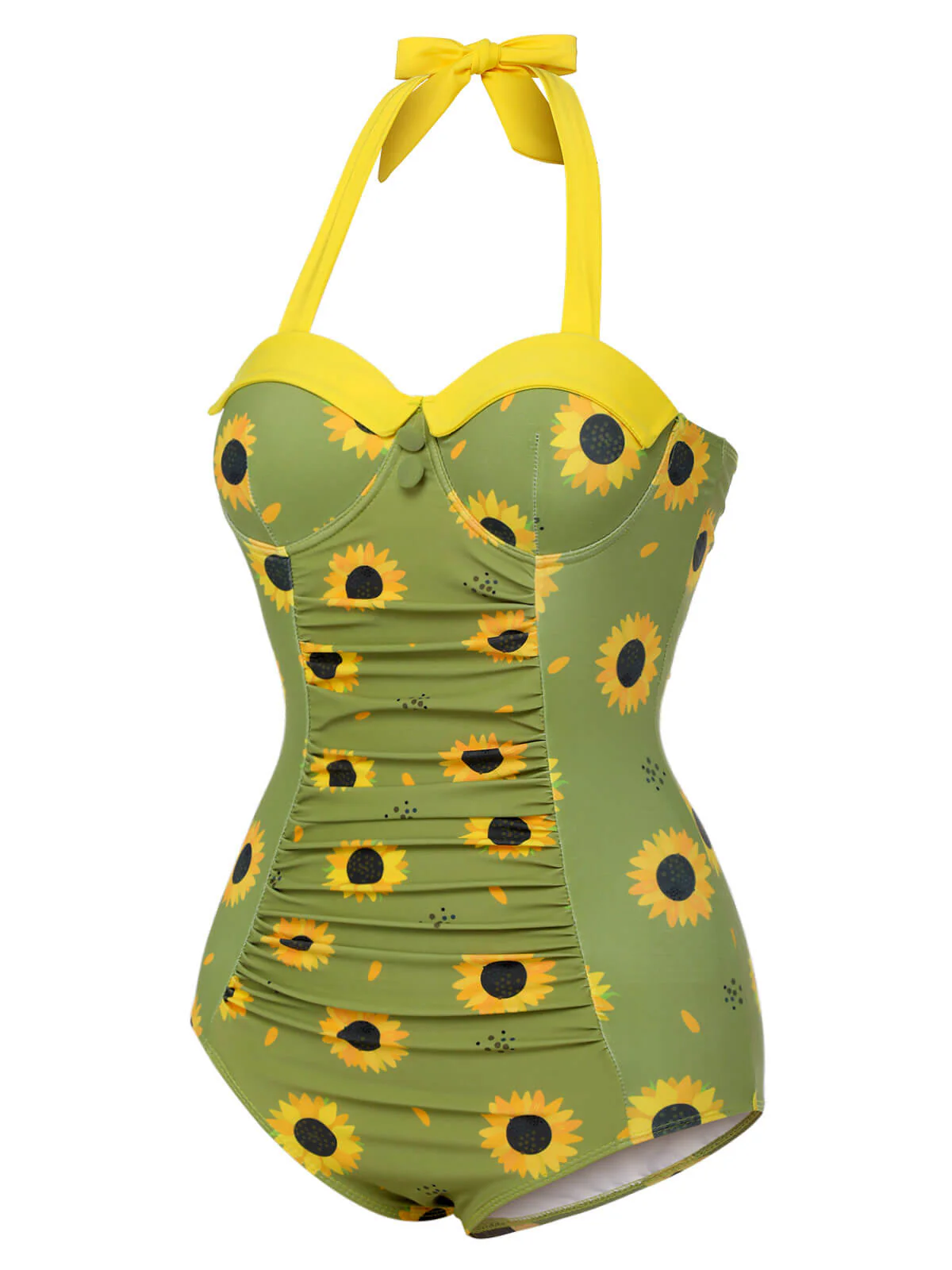 Green 1930s Sunflowers Halter Swimsuit - Image 3