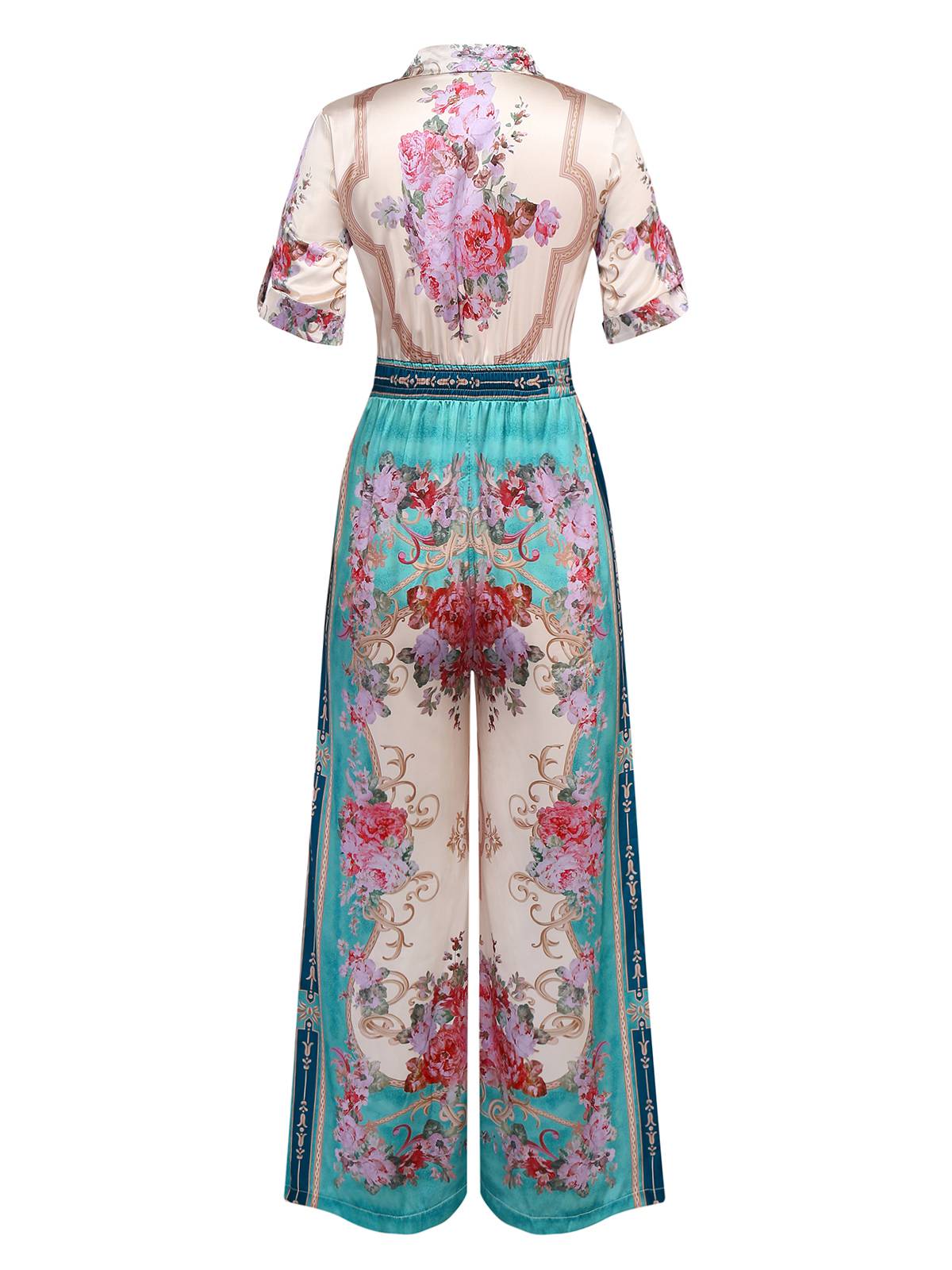 Green 1930s Symmetrical Floral Shirt Collar Jumpsuit - Image 2