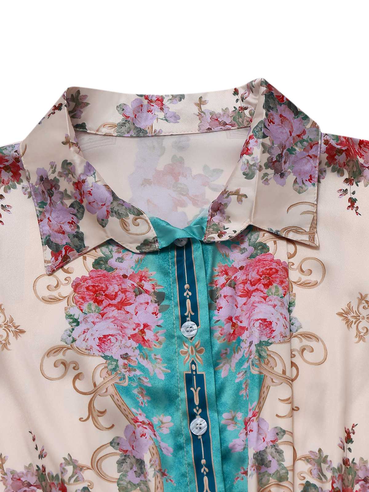 Green 1930s Symmetrical Floral Shirt Collar Jumpsuit - Image 3