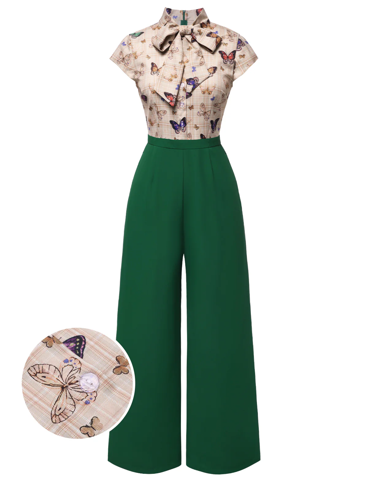 [Pre-Sale] Green 1930s Tie Neck Plaids Butterflies Jumpsuit - Image 2