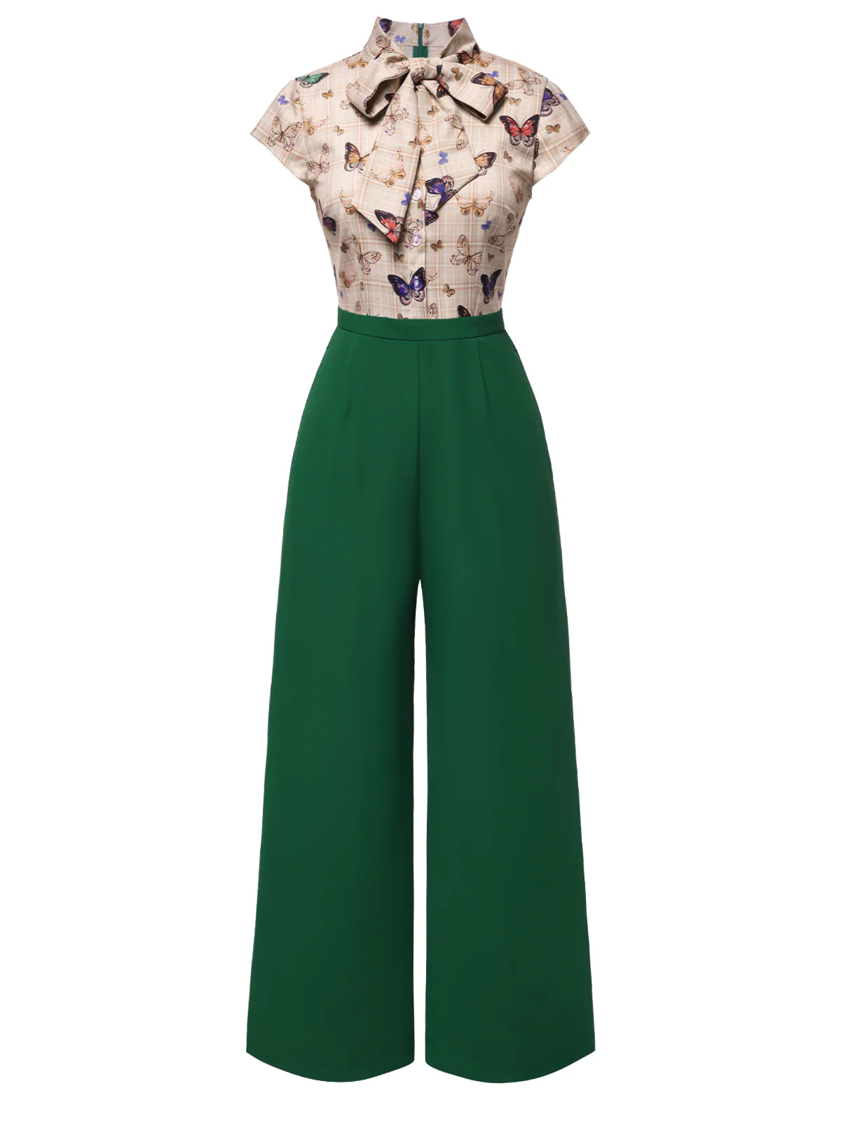 [Pre-Sale] Green 1930s Tie Neck Plaids Butterflies Jumpsuit - Image 3