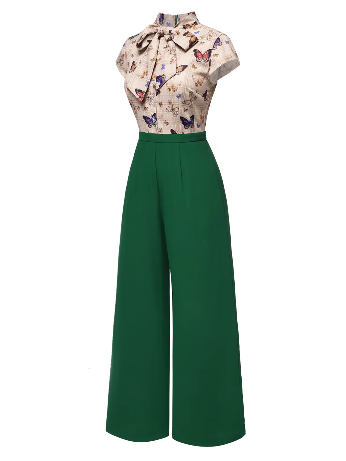 [Pre-Sale] Green 1930s Tie Neck Plaids Butterflies Jumpsuit - Image 4
