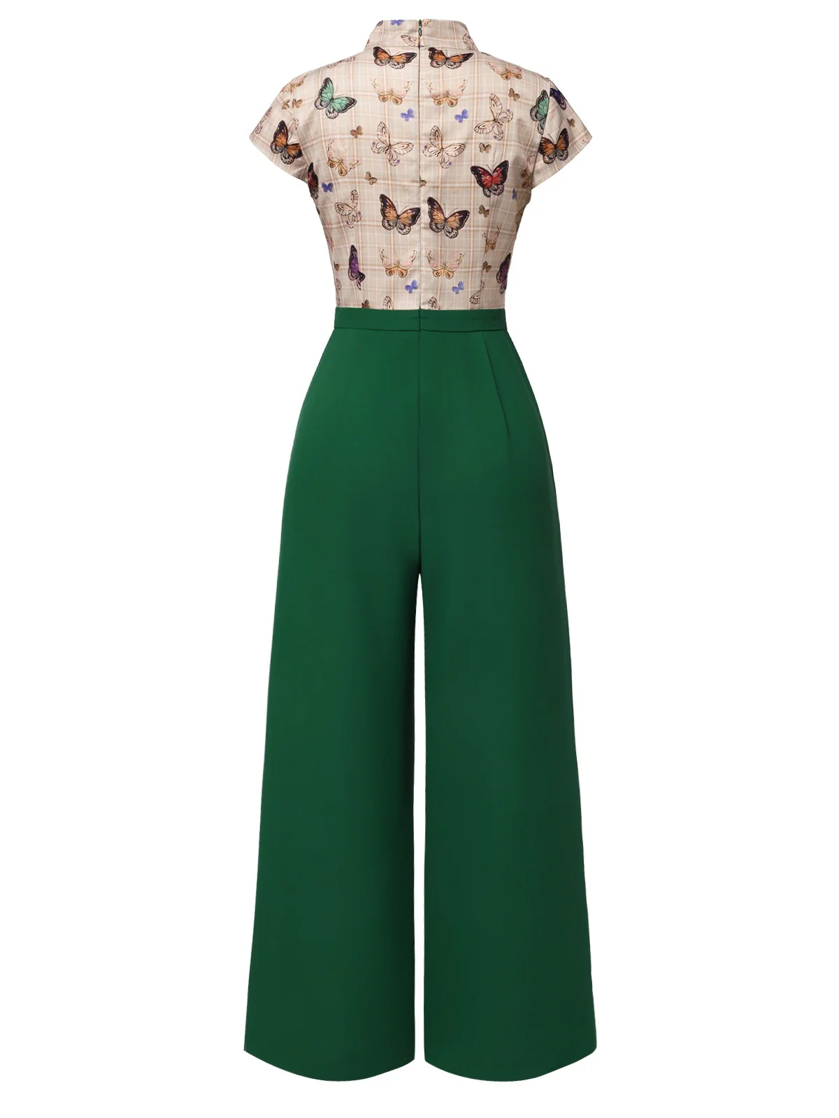 [Pre-Sale] Green 1930s Tie Neck Plaids Butterflies Jumpsuit - Image 5