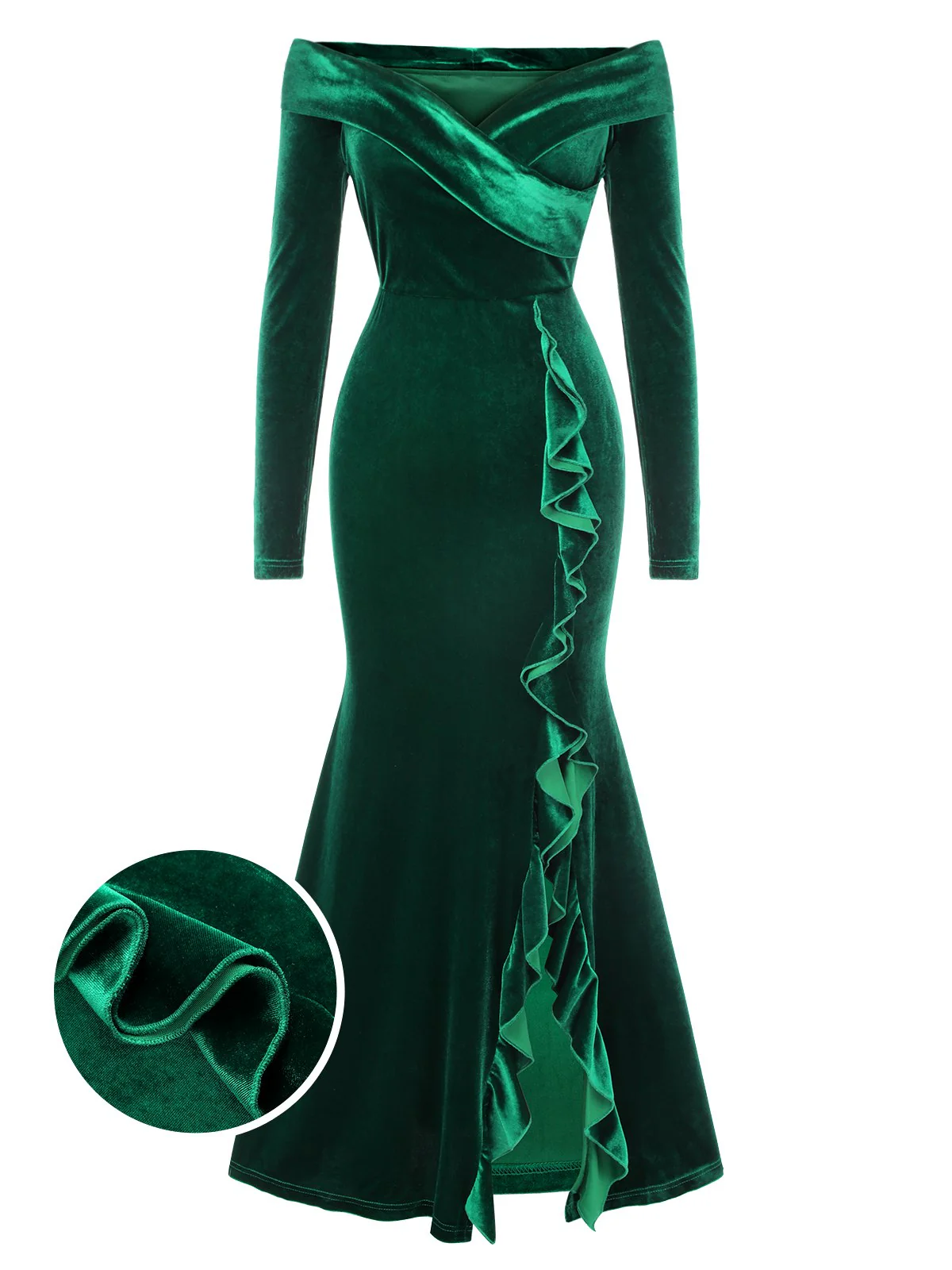 Green 1930s Velvet Off-Shoulder Ruffle-Trim Mermaid Dress - Image 2