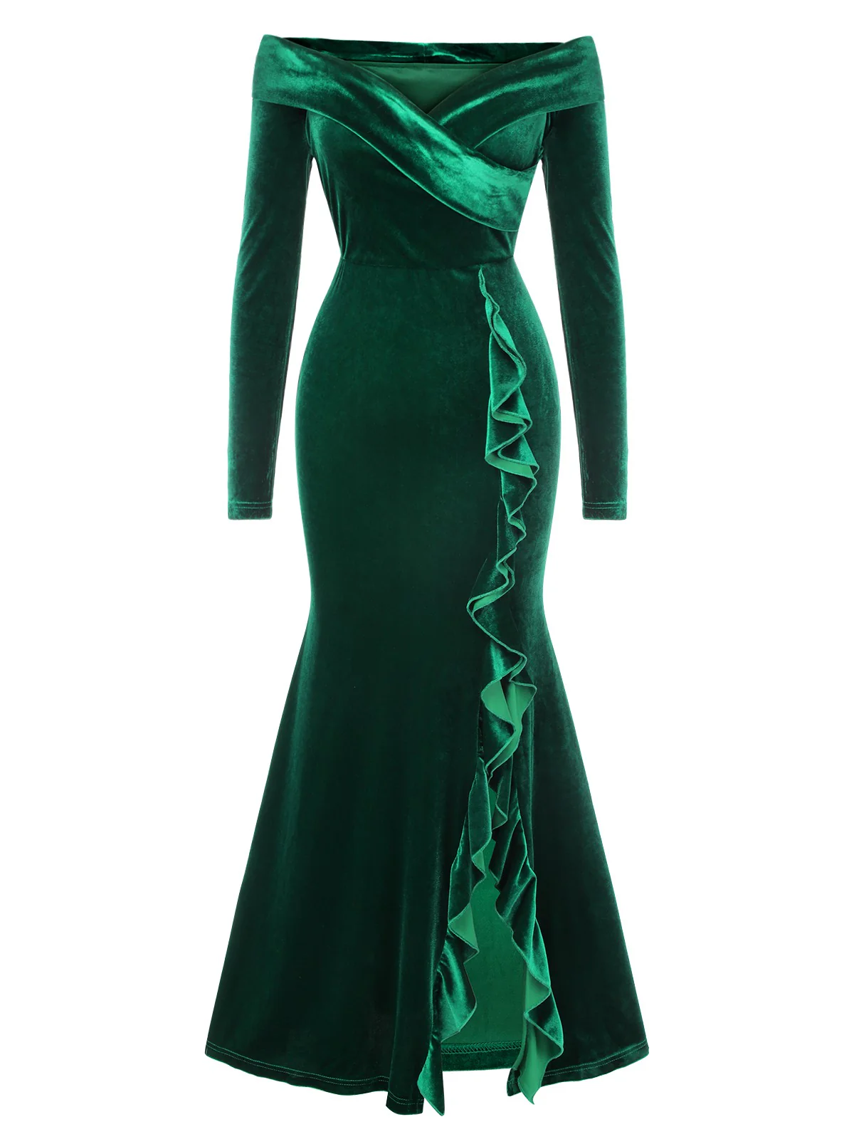 Green 1930s Velvet Off-Shoulder Ruffle-Trim Mermaid Dress - Image 3