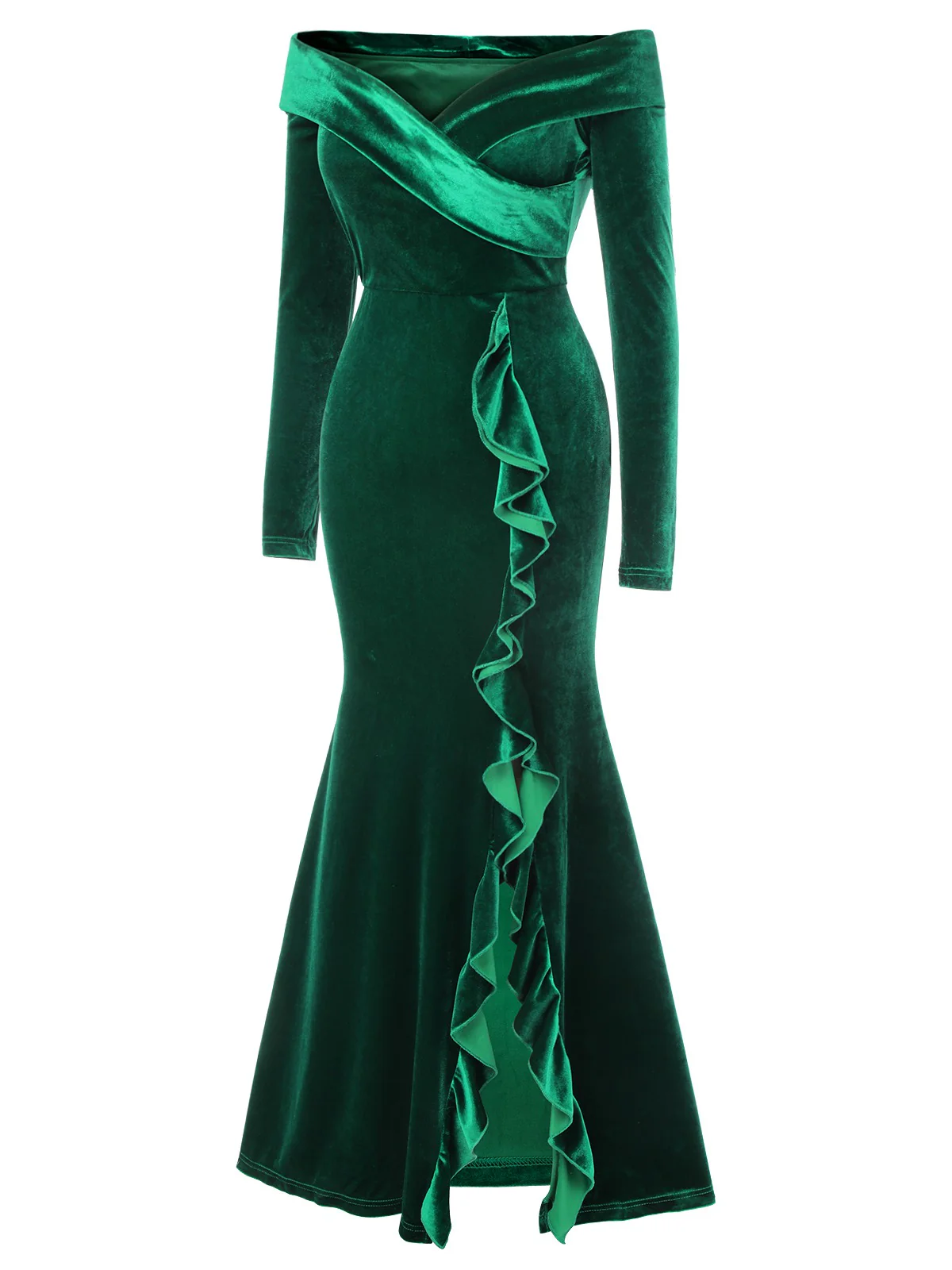 Green 1930s Velvet Off-Shoulder Ruffle-Trim Mermaid Dress - Image 4