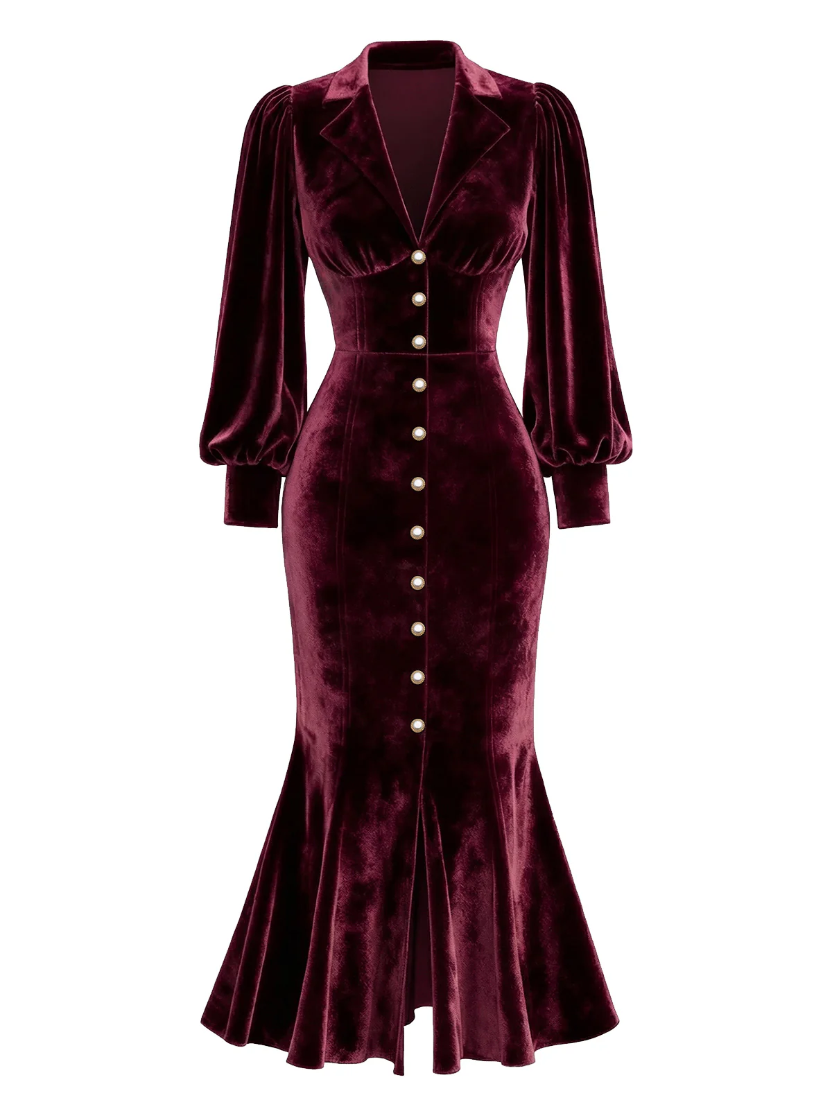 Green 1930s Velvet Pearl Lantern Sleeve Mermaid Dress - Image 8