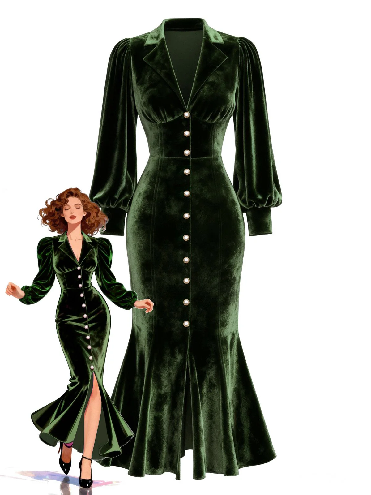 Green 1930s Velvet Pearl Lantern Sleeve Mermaid Dress - Image 4