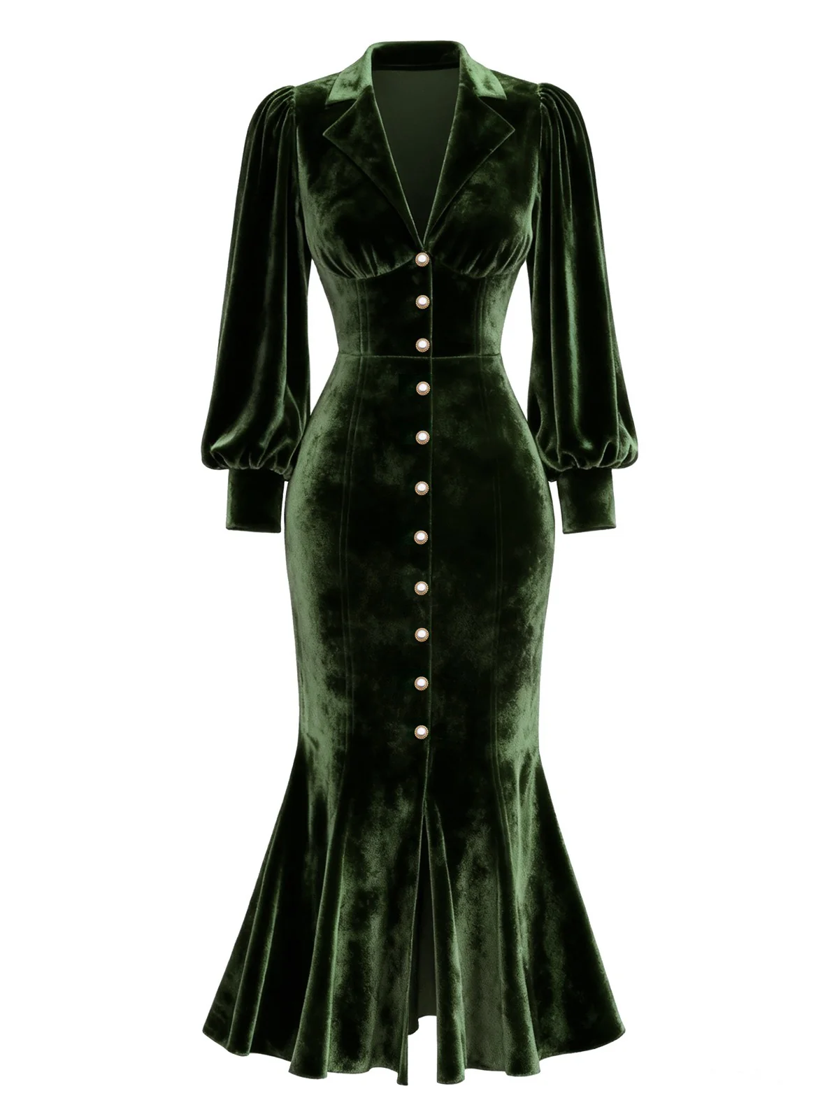 Green 1930s Velvet Pearl Lantern Sleeve Mermaid Dress - Image 5