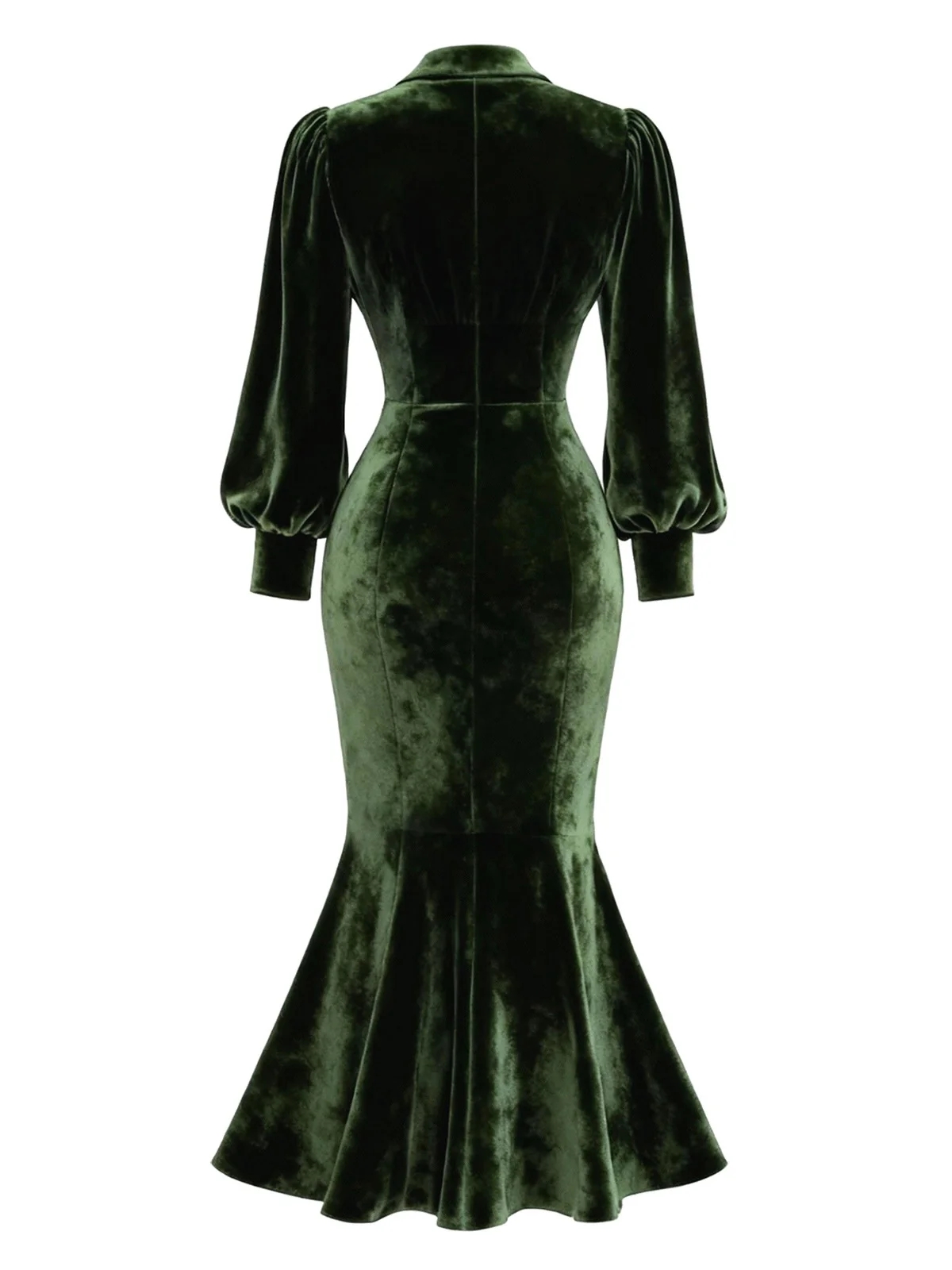 Green 1930s Velvet Pearl Lantern Sleeve Mermaid Dress - Image 6