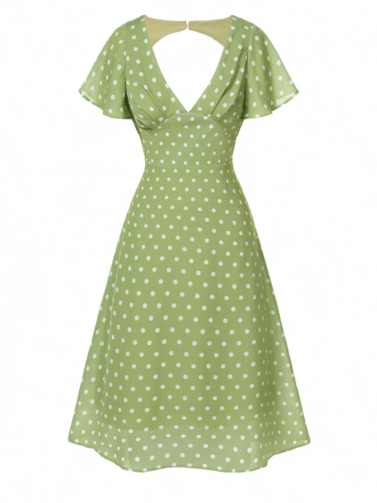 Green 1940s Back Hollow-Out Polka Dots Dress - Image 2