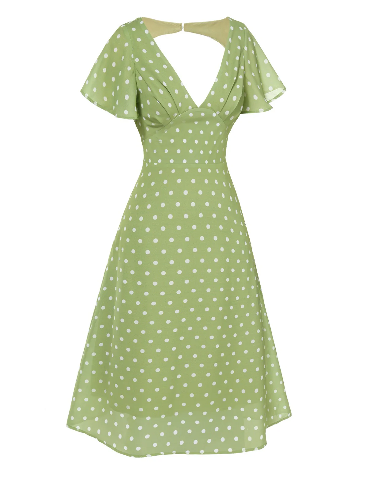 Green 1940s Back Hollow-Out Polka Dots Dress - Image 3