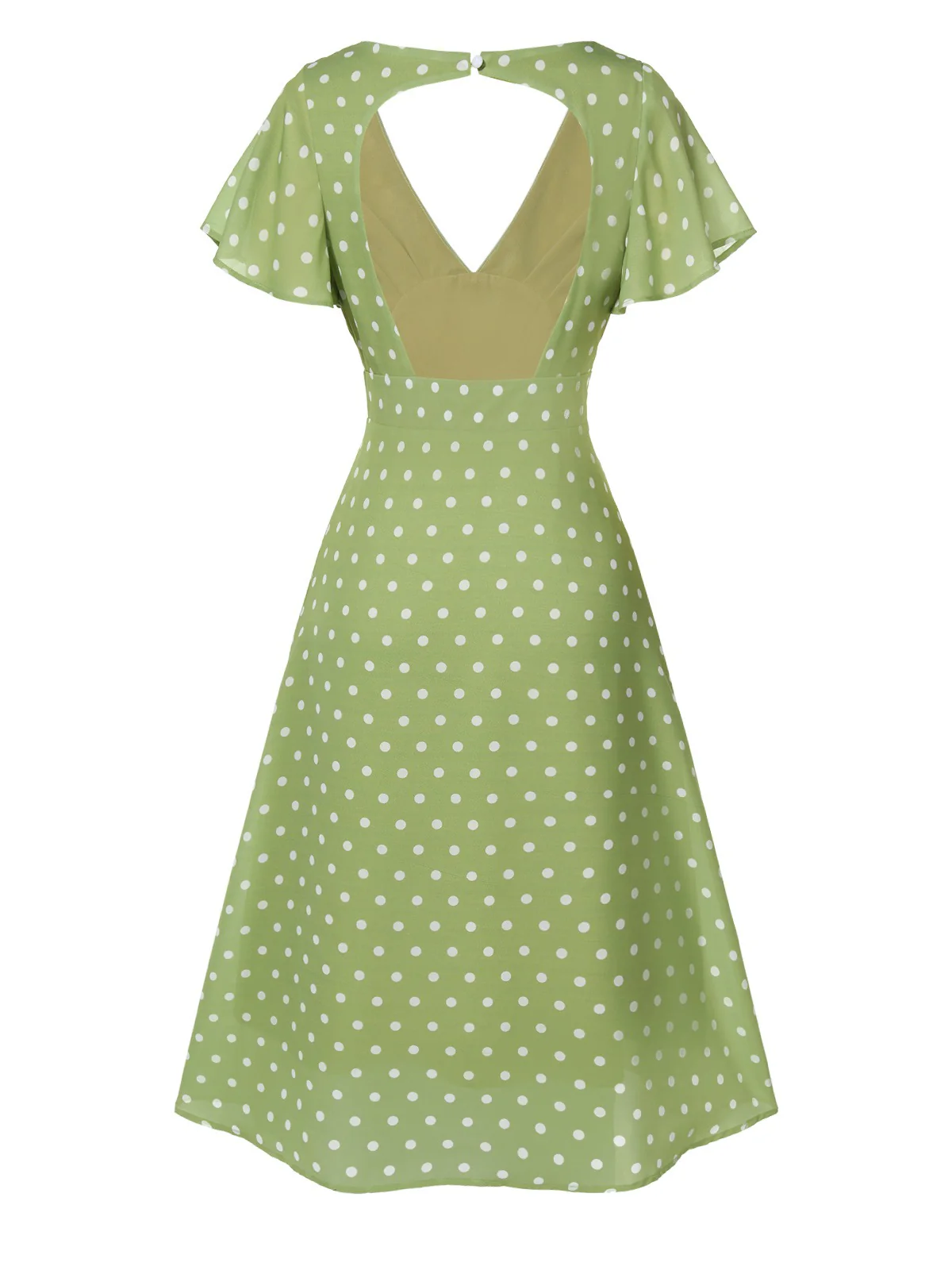 Green 1940s Back Hollow-Out Polka Dots Dress - Image 4