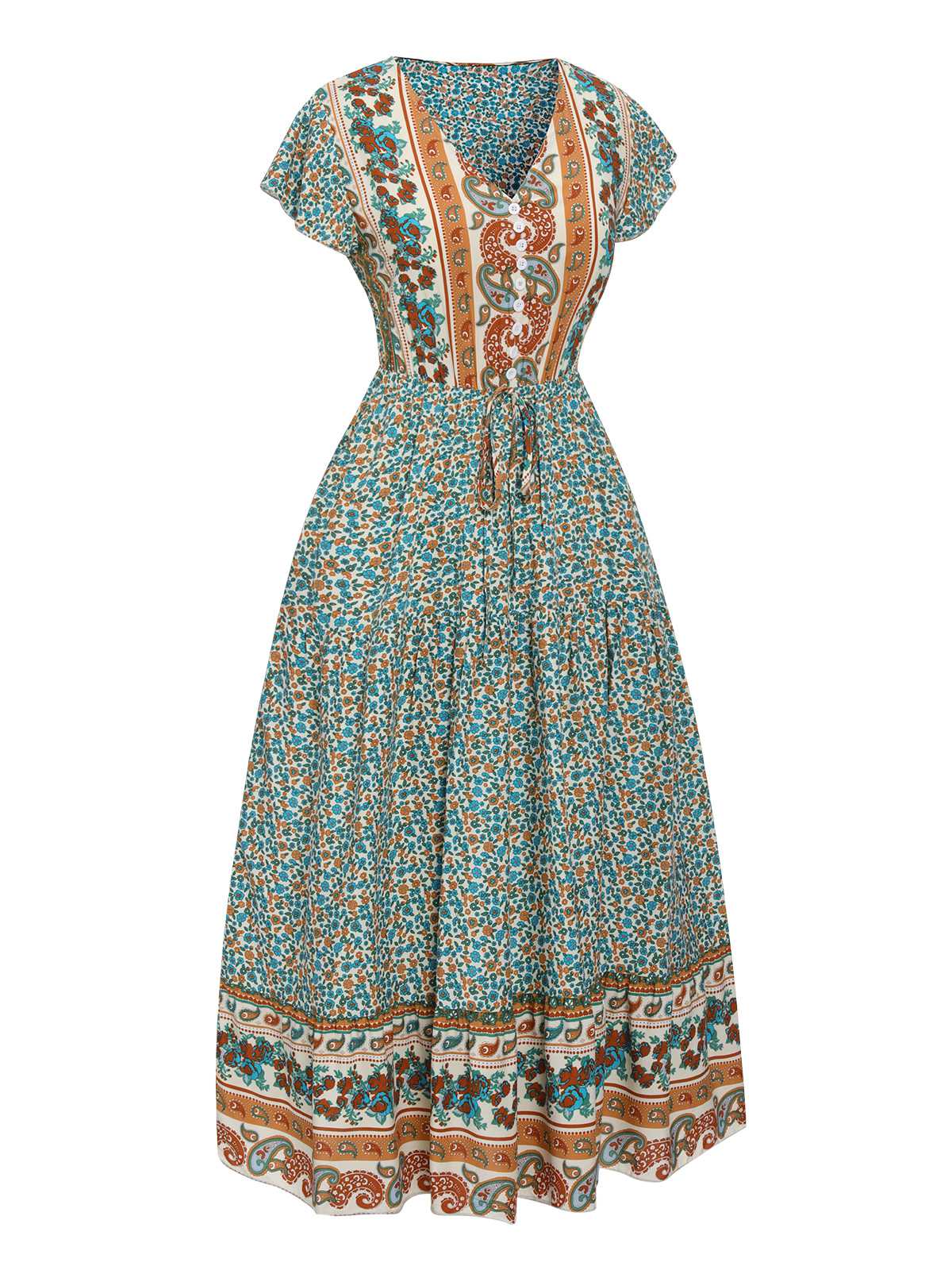 Green 1970s Cap Sleeve Bohemian Dress - Image 2