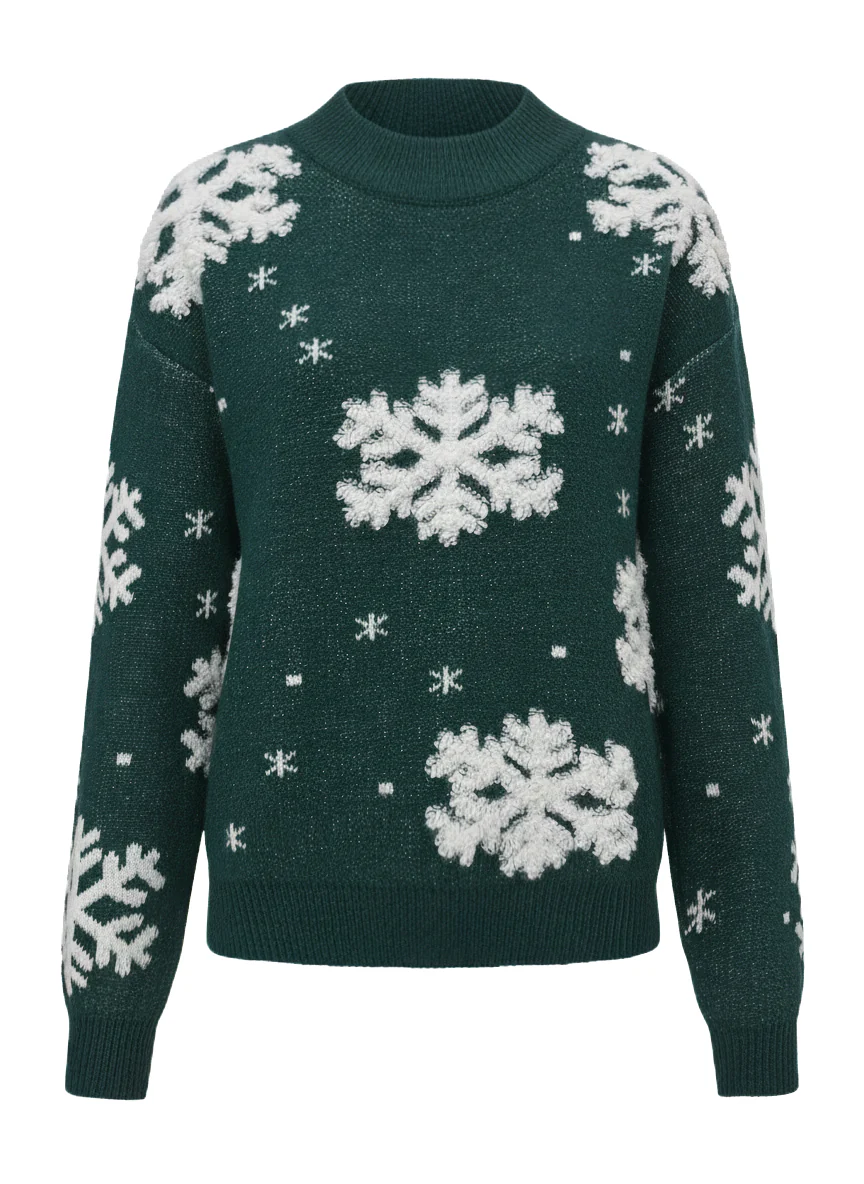 1940s Christmas Fleece-Snowflake Turtleneck Sweater - Image 2