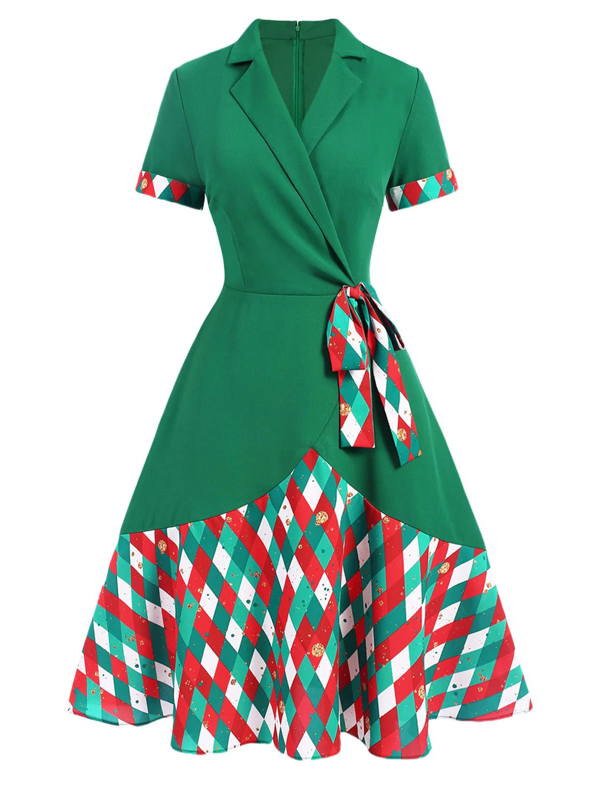 Green 1940s Colorful Plaid Notched Collar Dress - Image 2