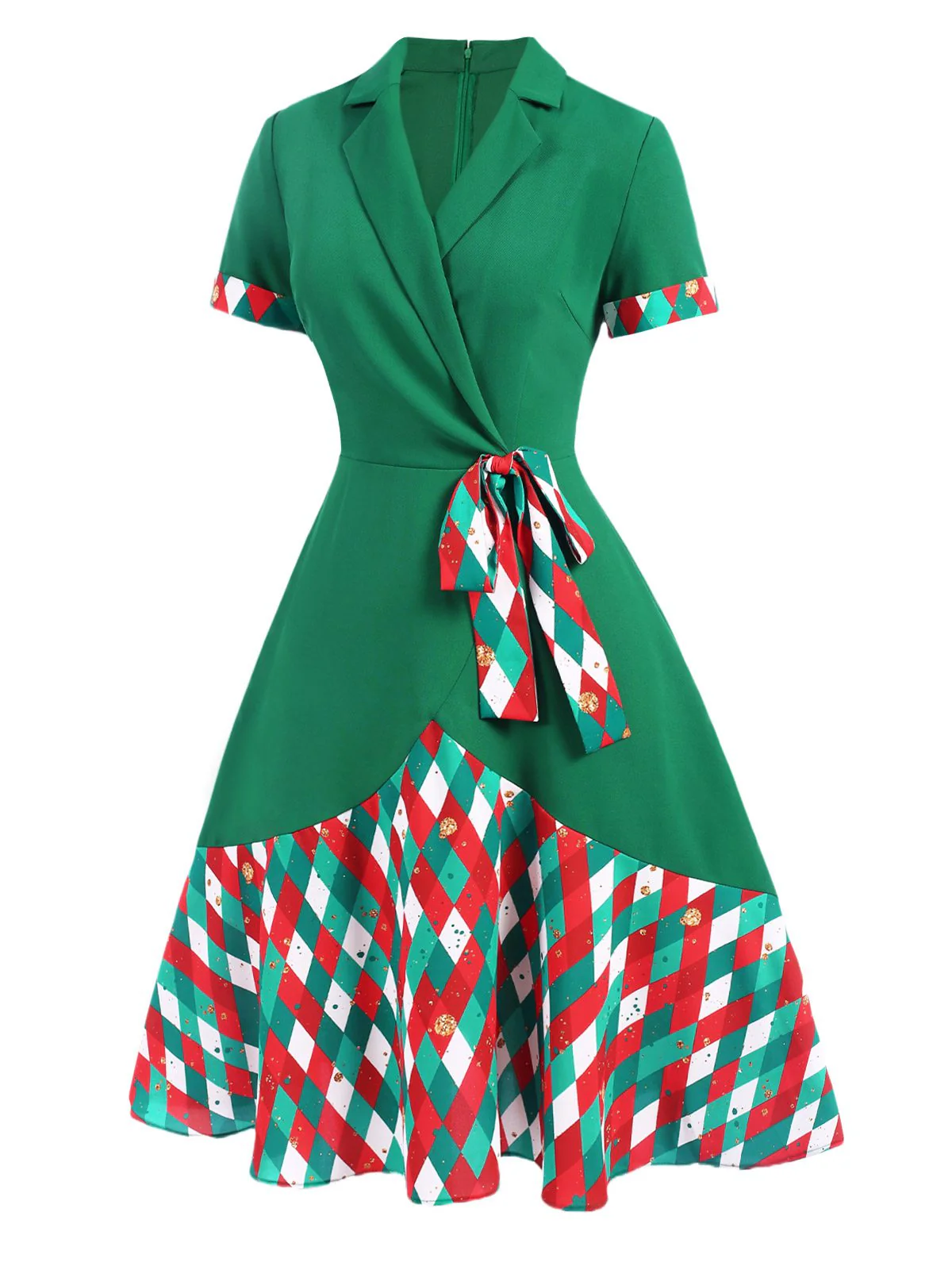 Green 1940s Colorful Plaid Notched Collar Dress - Image 3