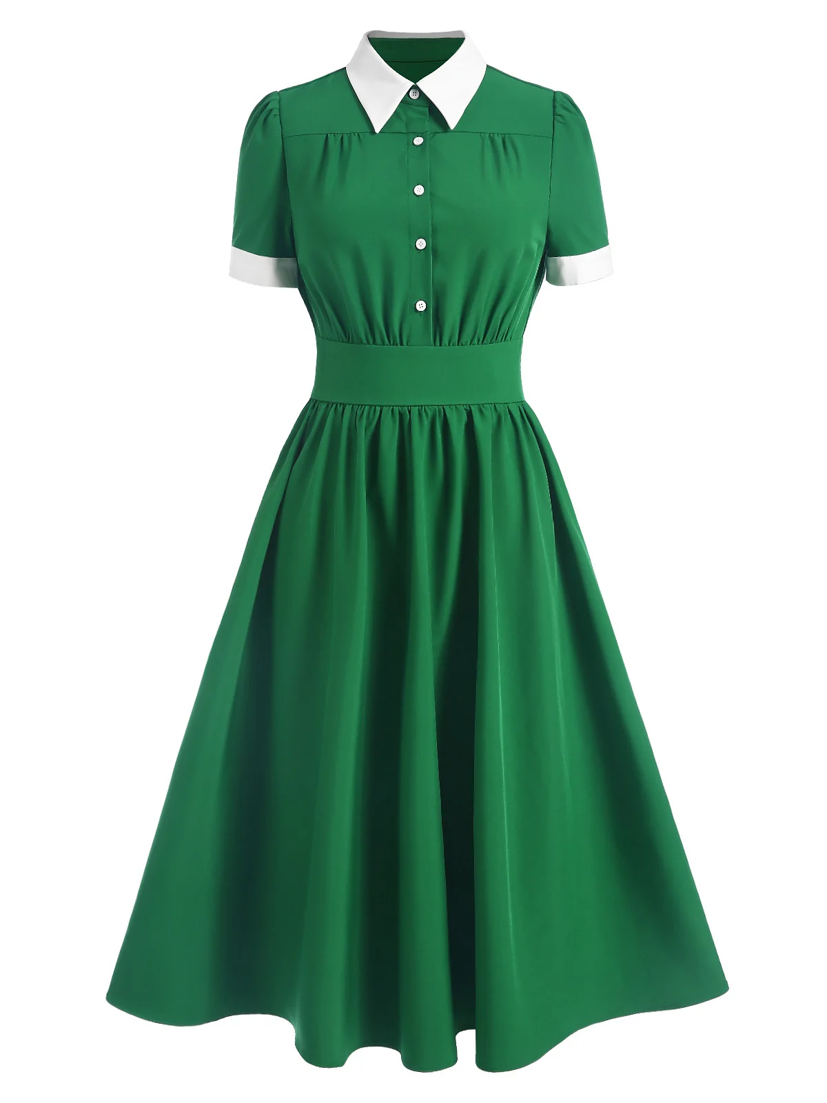 Green 1940s Contrast Shirt Collar Dress - Image 2