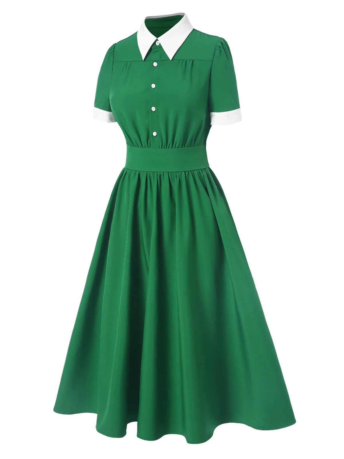 Green 1940s Contrast Shirt Collar Dress - Image 3