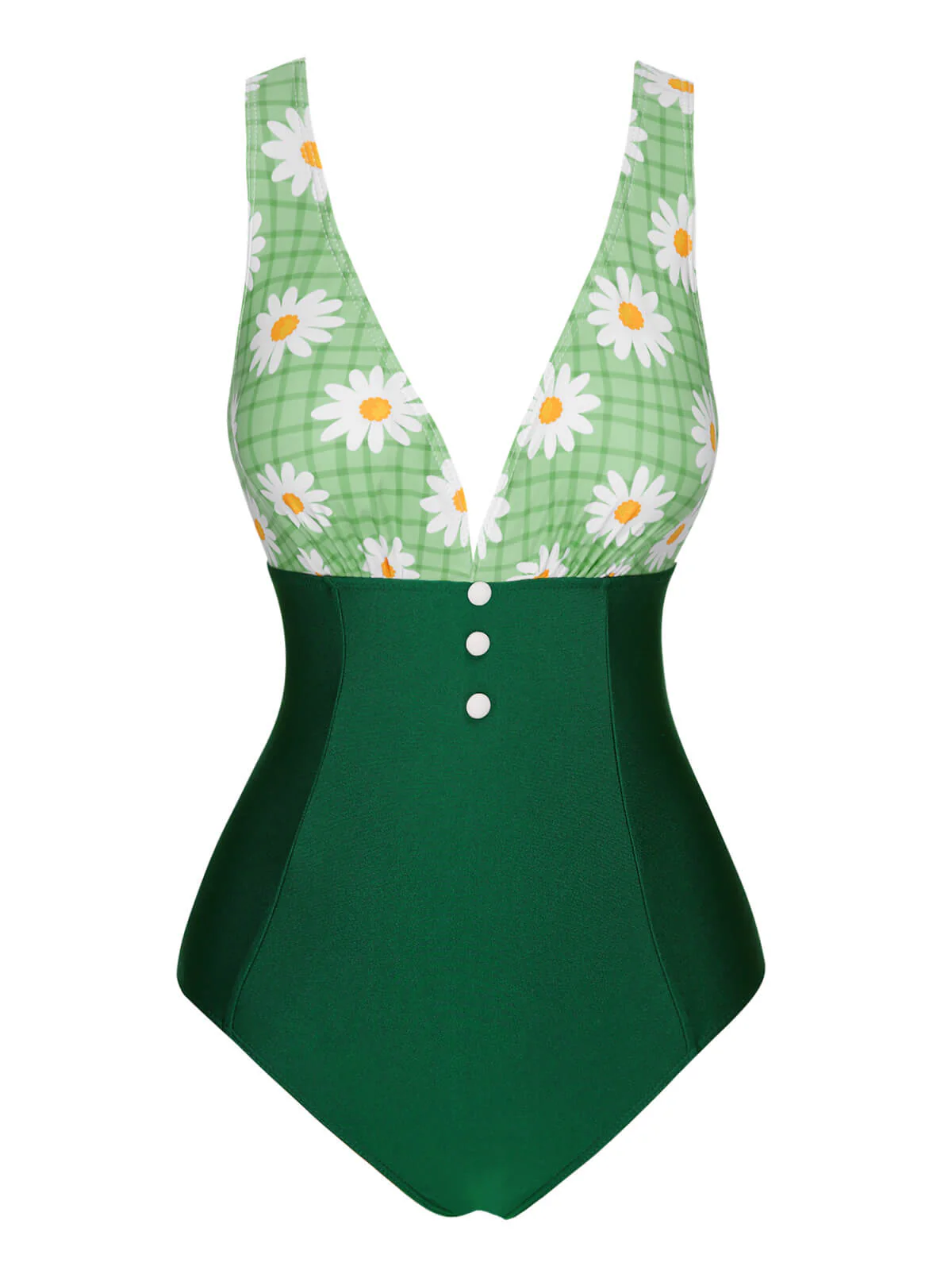 Green 1940s Daisy Patchwork One-Piece Swimsuit - Image 2
