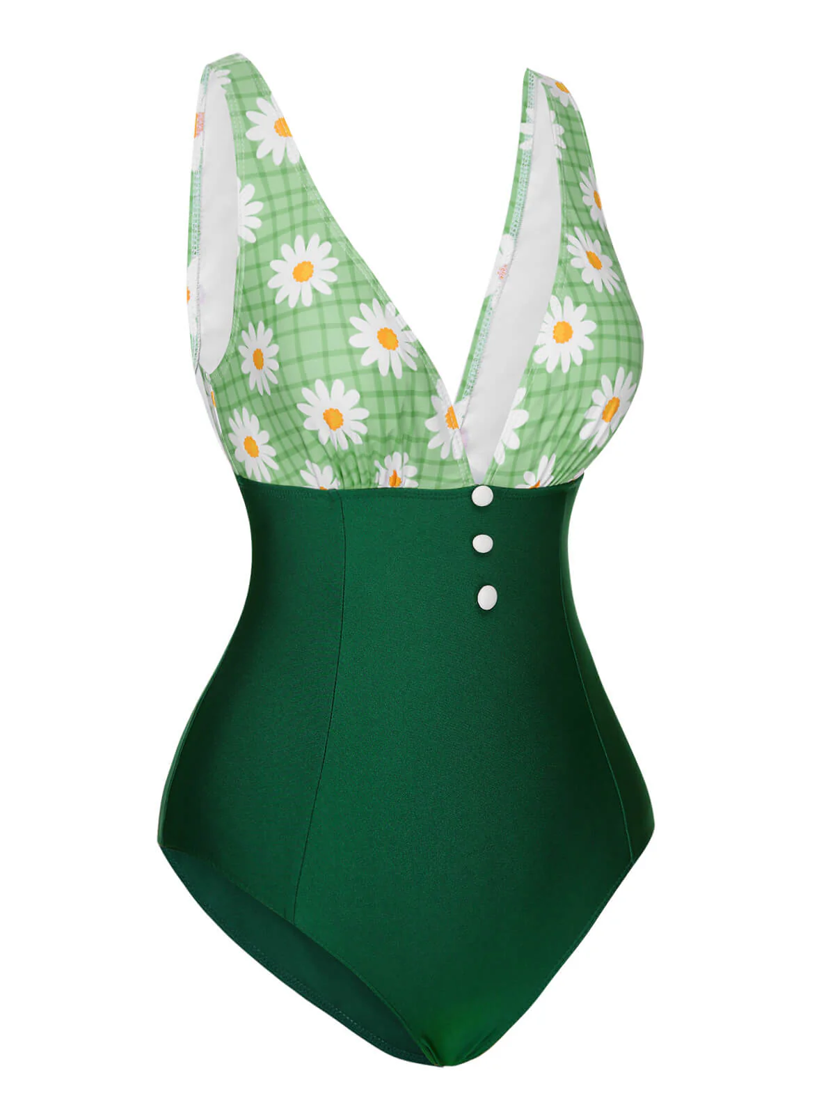 Green 1940s Daisy Patchwork One-Piece Swimsuit - Image 3