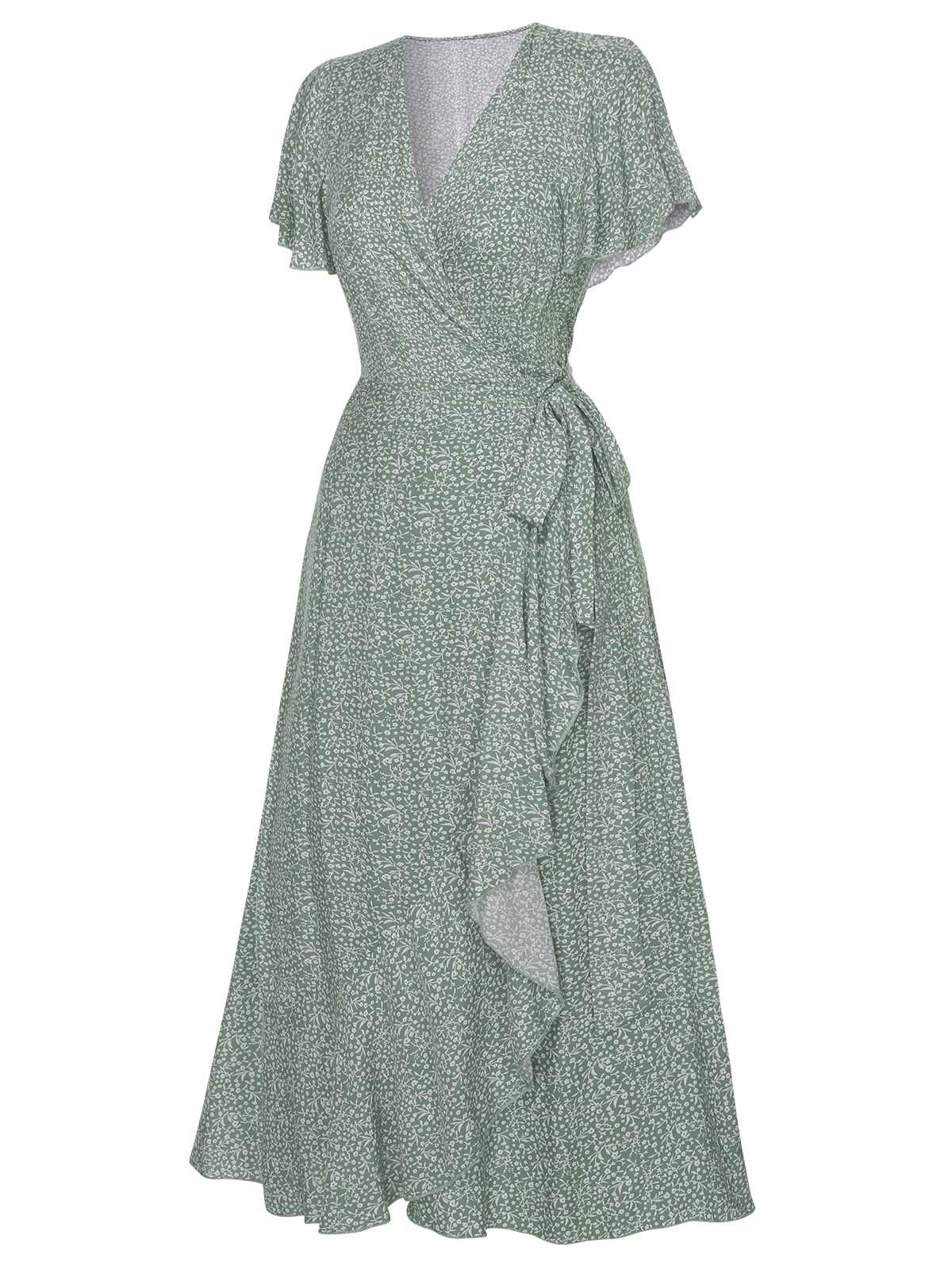 Green 1940s Ditsy Floral Flounce Sleeve Dress - Image 2