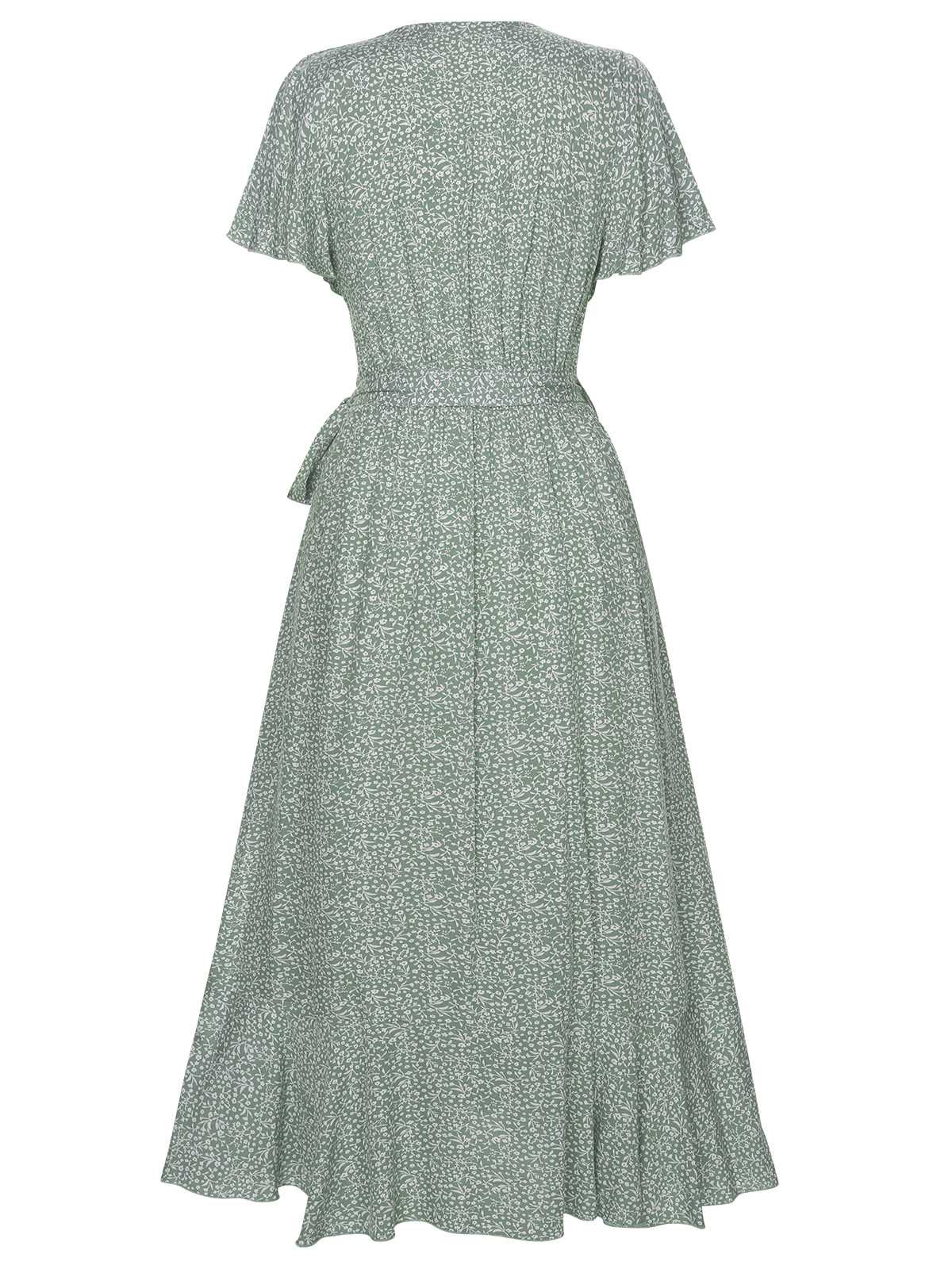 Green 1940s Ditsy Floral Flounce Sleeve Dress - Image 3