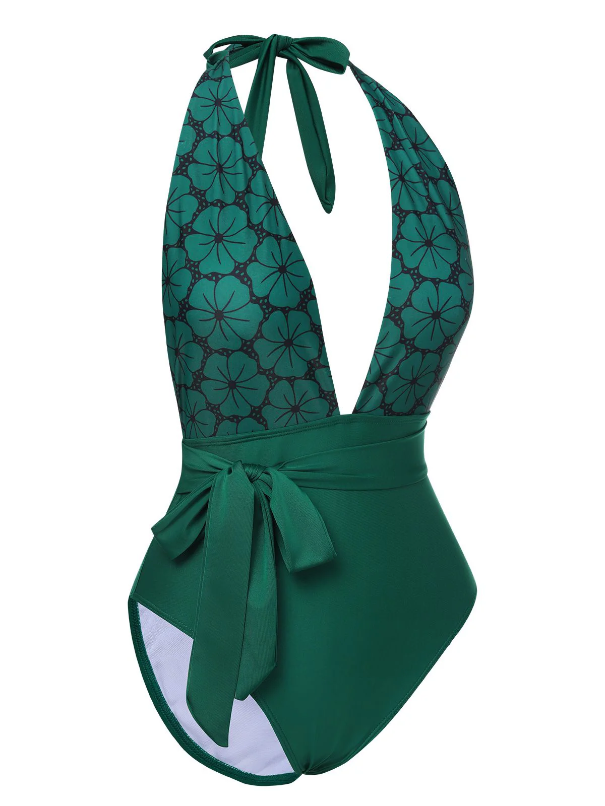 Green 1940s Floral Deep V-Neck Halter Swimsuit - Image 2